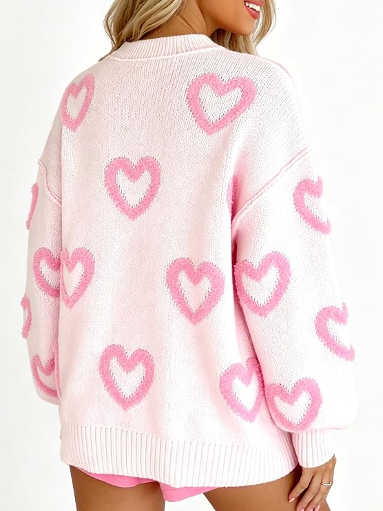 KMBANGI Women Heart Print Sweater Romantic Oversized Knitted Shirt Valentine Love Cute Graphic Long Sleeve Pullover Top