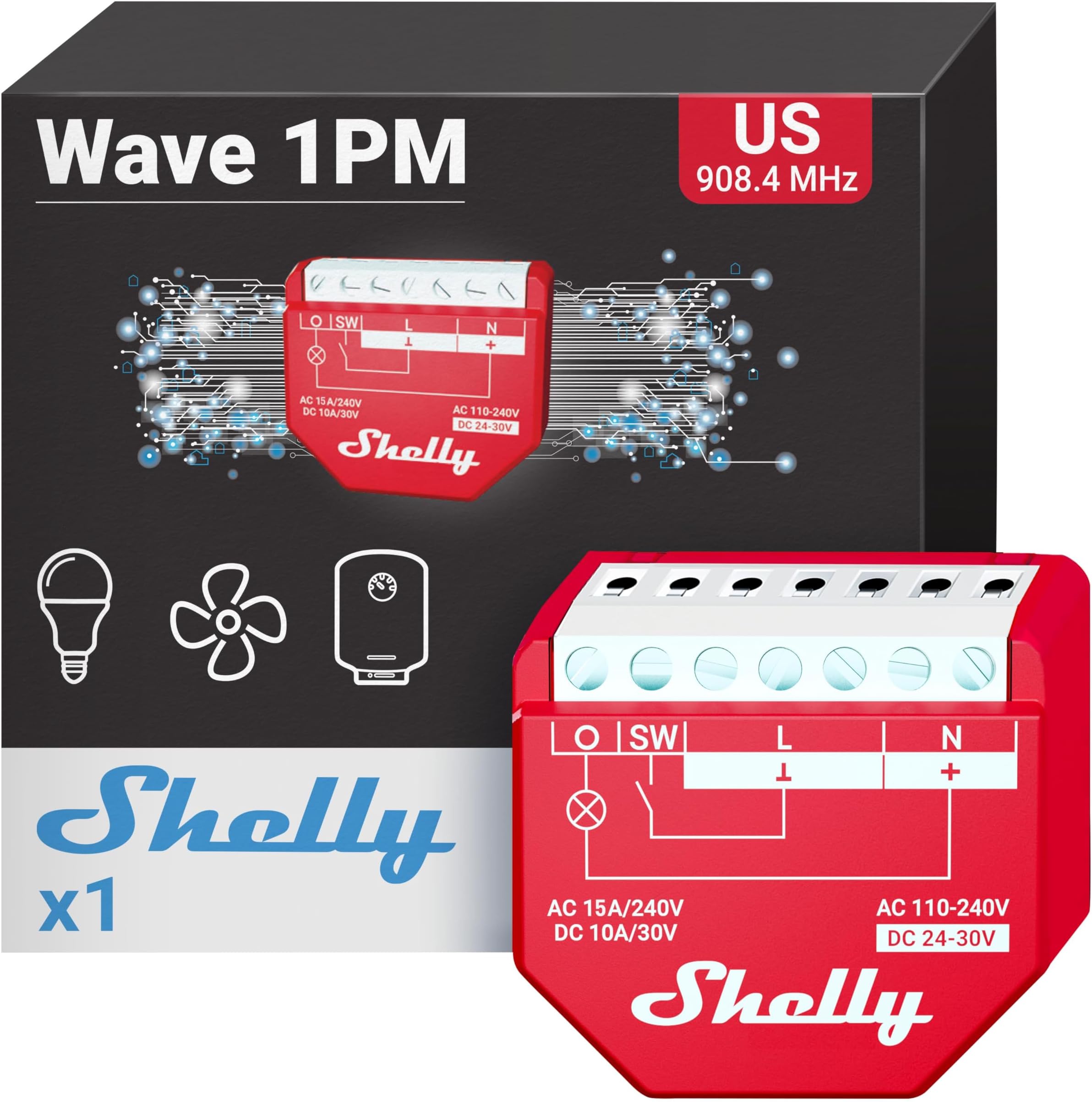 Shelly Qubino Wave 1PM US UL | Z-Wave Smart Switch Relay, 1-Channel 15 A with Power Metering | Home Automation | Z-Wave Repeater | High Compatibility | Easy Installation | iOS Android App
