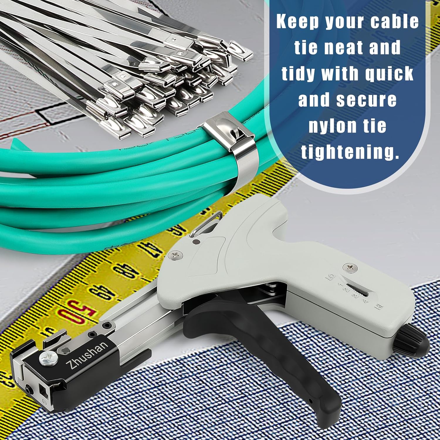 Zhushan Stainless Steel Cable Tie Gun, Auto Tighten & Cut Tool for 4.6–7.9mm Metal Ties, 4-Level Tension, Heavy-Duty & Easy to Use