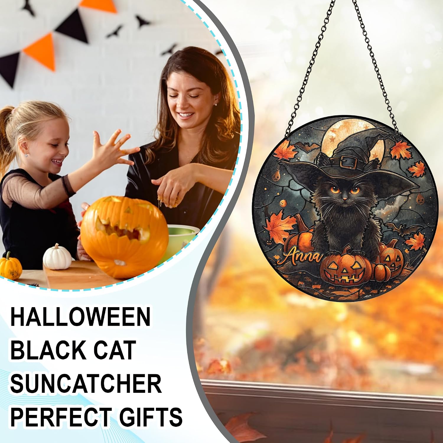 Hyturtle Personalized Black Cat Pattern Suncatcher Stained Glass - Black Cat Gifts for Women - Halloween Garden Home Decor - Whimsical Goth Gifts - Custom Name Window Hanging Suncatcher Decor