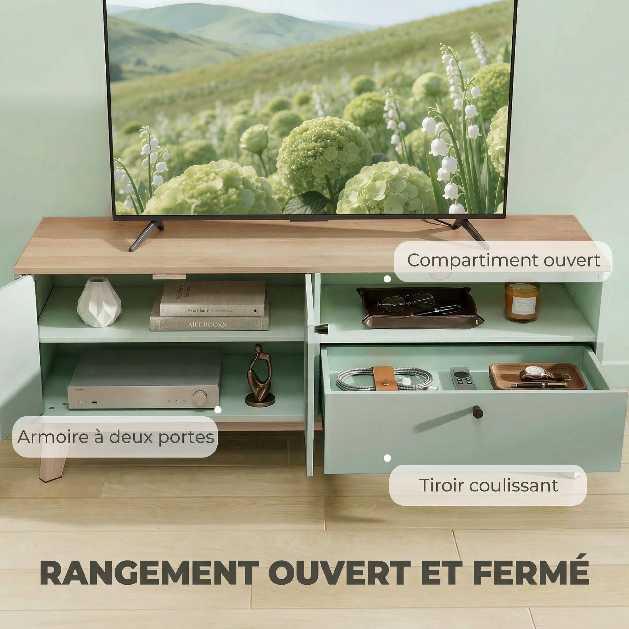 HOMCOM Meuble TV 120 cm pour Téléviseur jusqu'à 36 Pouces Vert Clair