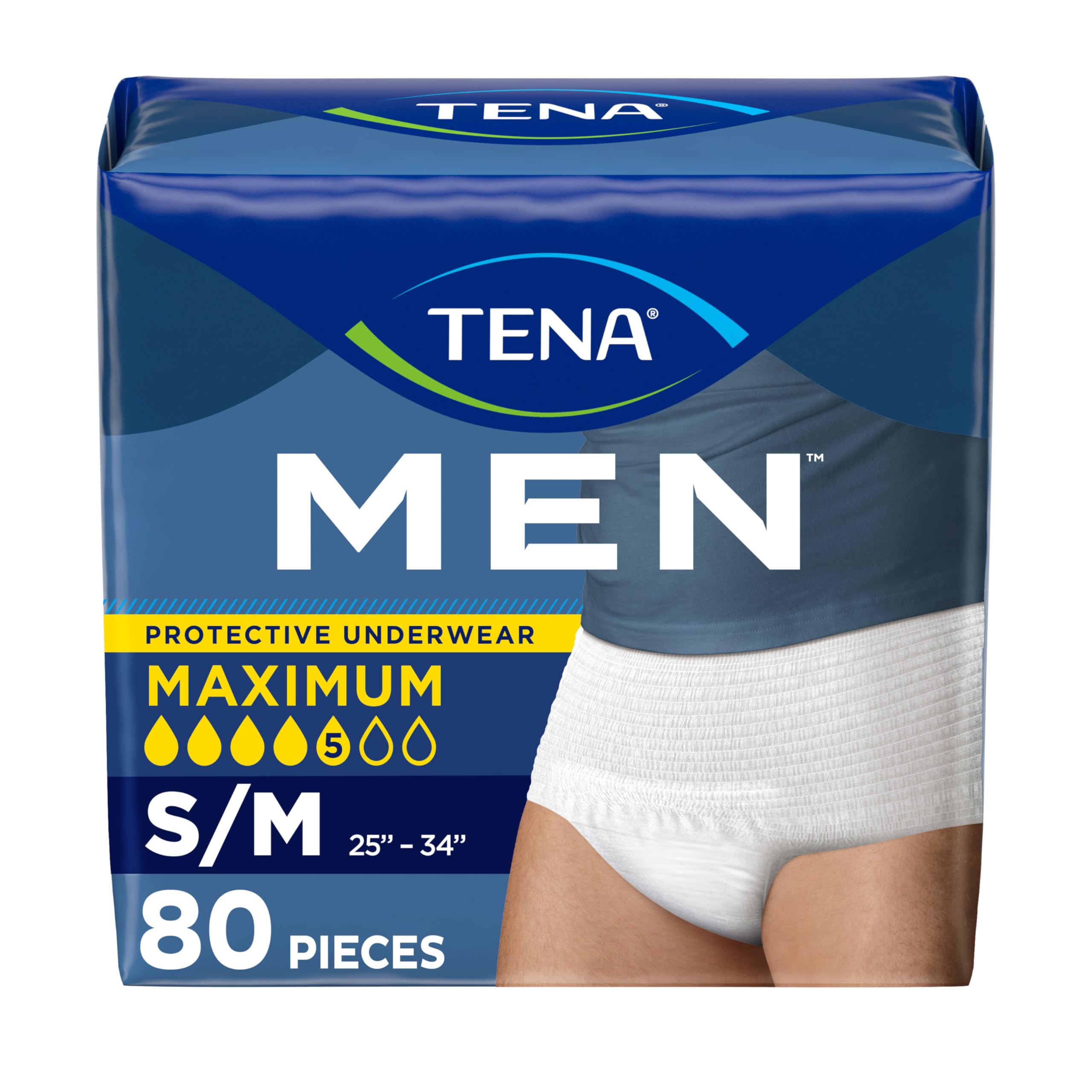 TENA Protective Incontinence Underwear for Men, Maximum Absorbency, Disposable Men's Underwear, Small/Medium, White, 80 Count