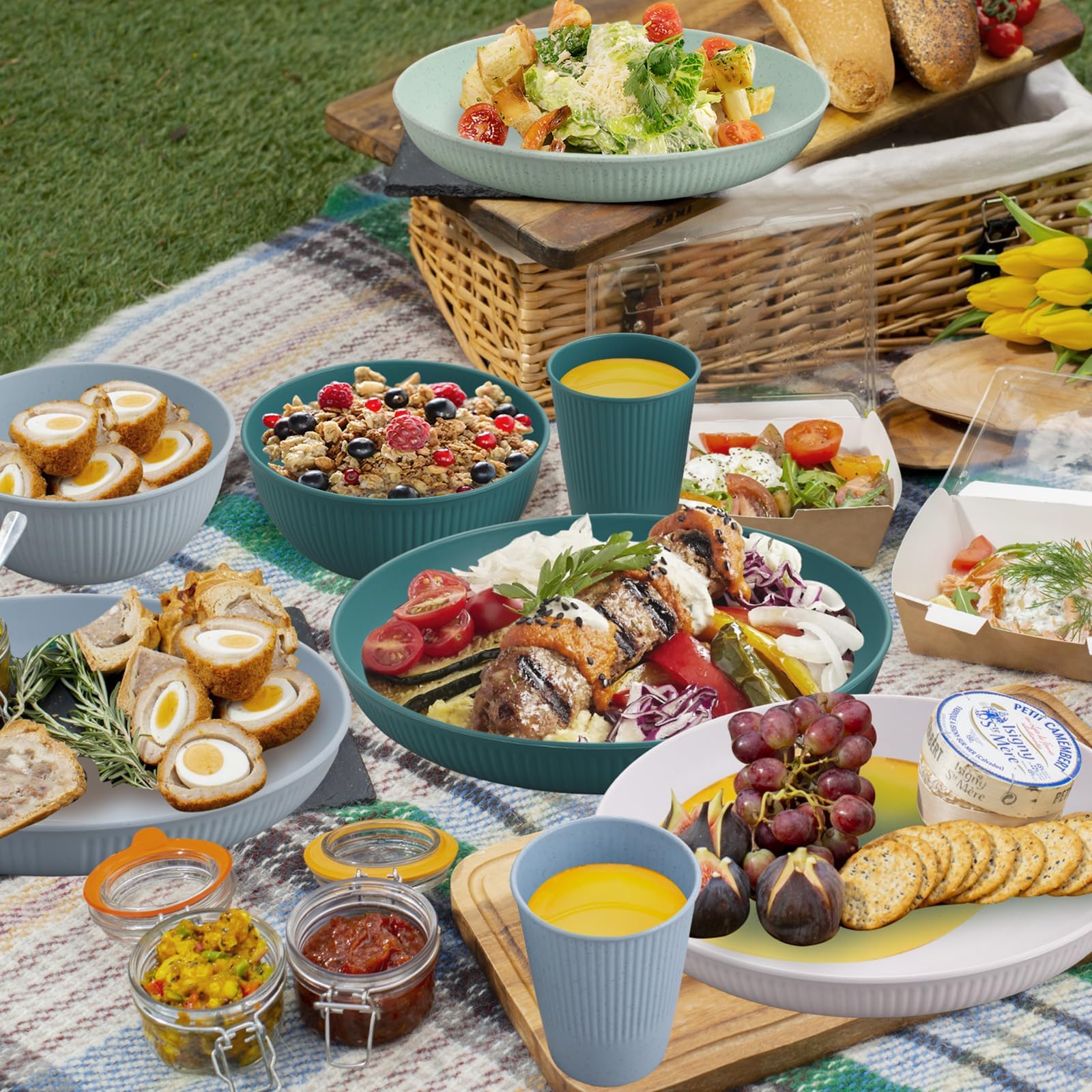 Tanice Juego de Vajilla 12 Piezas para 4 Personas–Set de Platos, Cuencos y Tazas de Plástico Reutilizable, Vajilla Ligera Resistente y Apilable, Apta Lavavajillas Microondas para Cocina Hogar Camping
