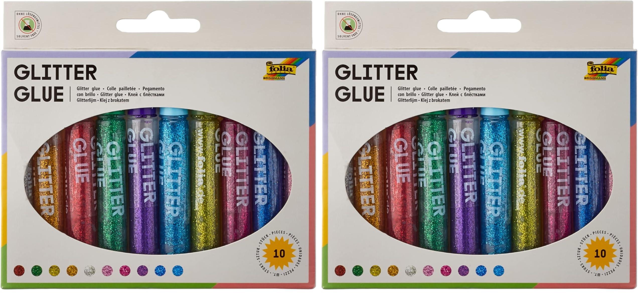 folia 574 - Glitter Glue, Klebestifte mit Glitzer, 10 Stifte sortiert in 10 Farben, je 9,5 ml - zum Bemalen und Verzieren (Packung mit 2)