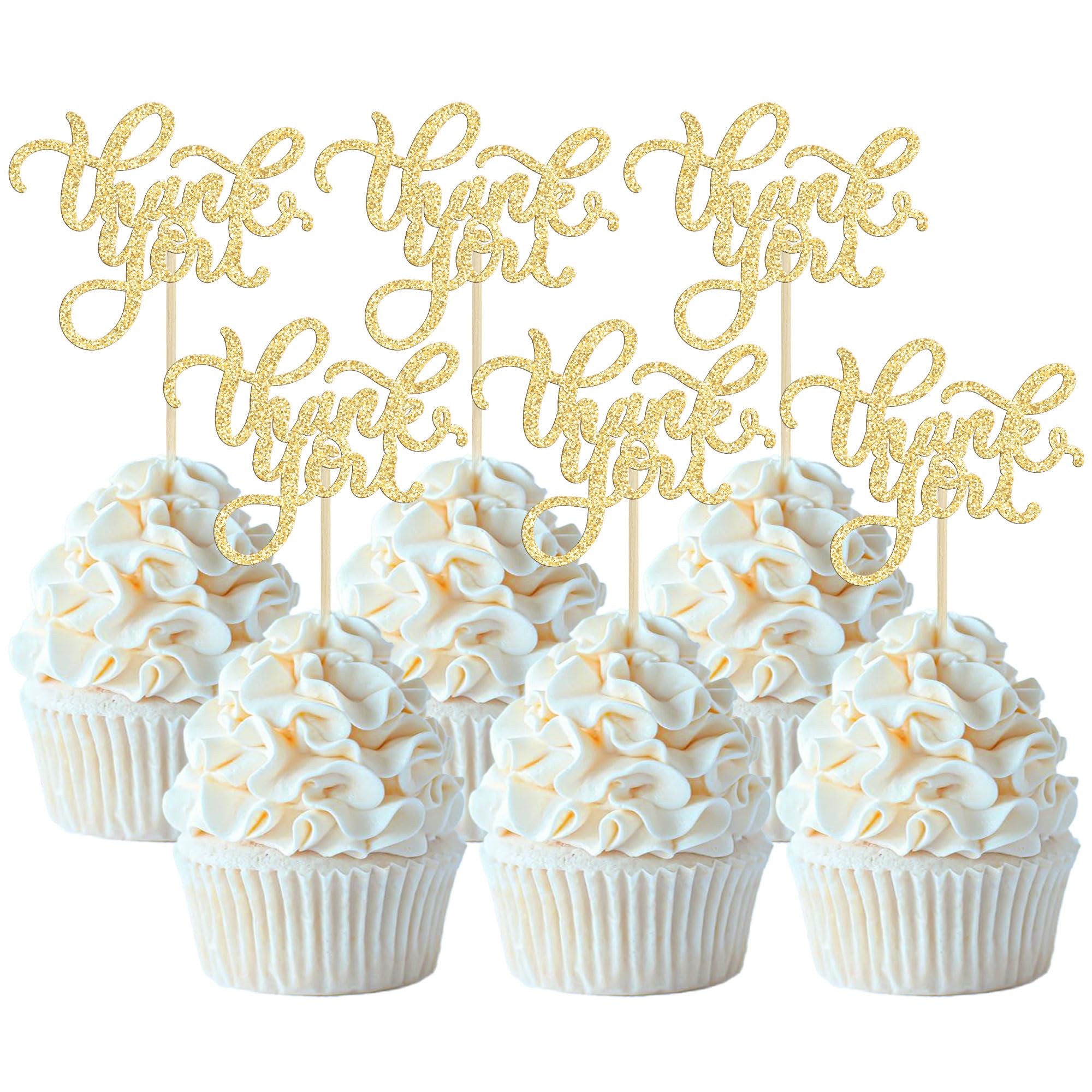 24Pcs Thank You Cupcake Toppers Gold Glitter Thankful Cupcake Pick Decorations for Birthday Anniversary Thanksgiving Day Wedding Bridal Shower Party