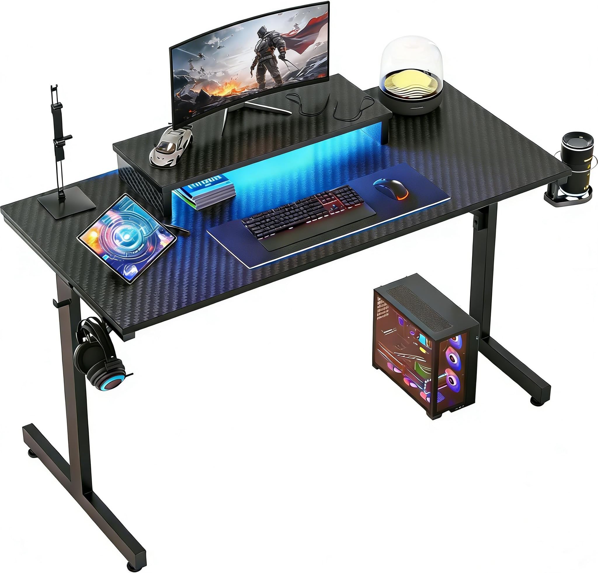 Bestier Small Gaming Desk 106.6 CM LED Computer Desk with Monitor Stand Gamer Workstation with Cup Holder & Headset Hooks for Home Office Bedroom Small Space