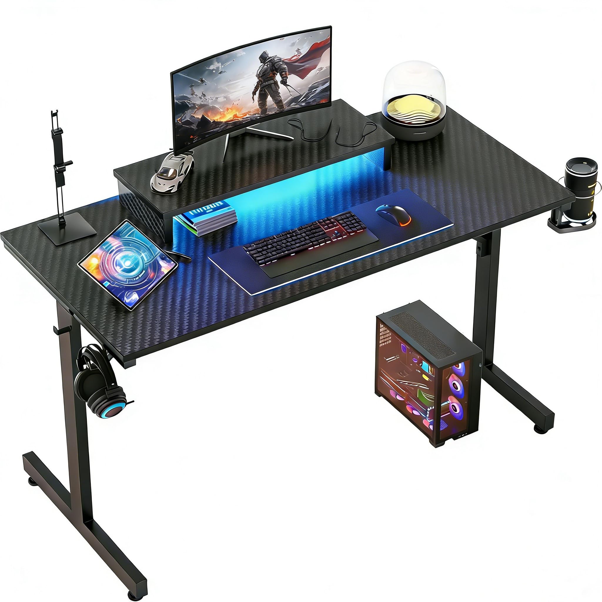 Bestier Small Gaming Desk 106.6 CM LED Computer Desk with Monitor Stand Gamer Workstation with Cup Holder & Headset Hooks for Home Office Bedroom Small Space