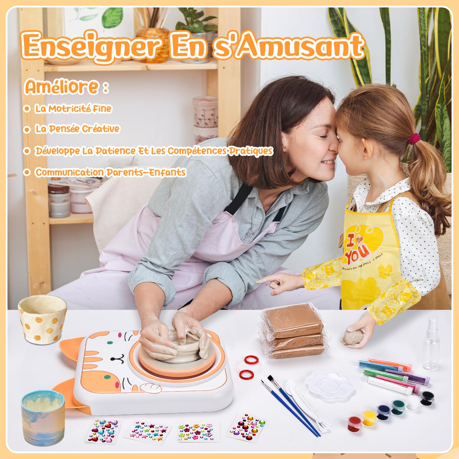 IEEILULU Kit de Poterie pour Enfants, Tour de Poterie Électrique, Kit Poterie Machine avec Argile de Poterie, Couleurs, Kit de Poterie Activité Manuelle pour Débutants (Chat)