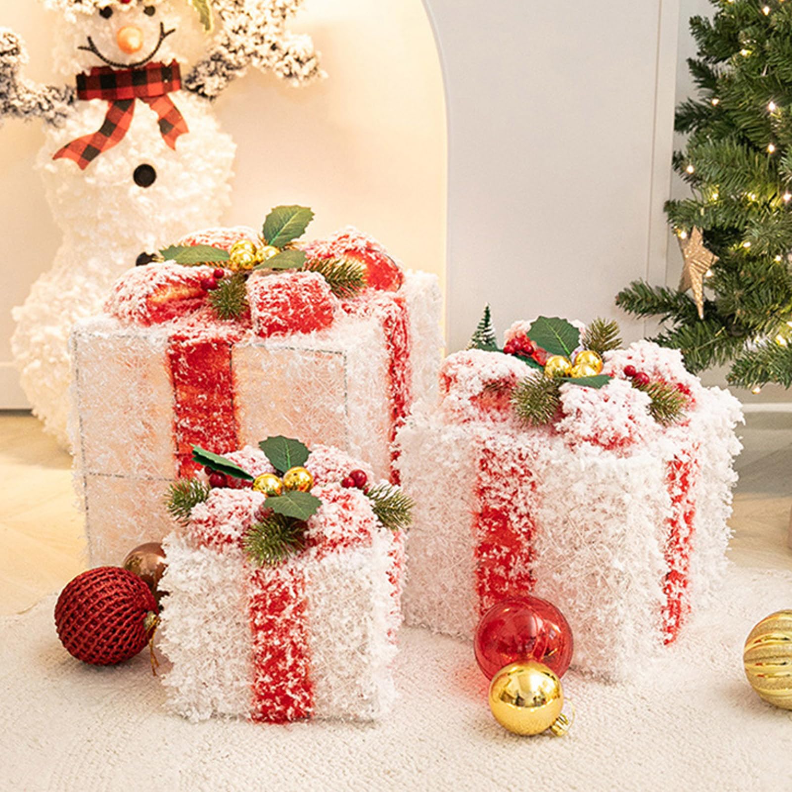 Set di 3 scatole decorative, decorazioni per albero di Natale, scatole regalo con fiocchi, per vacanze al chiuso e all'aperto