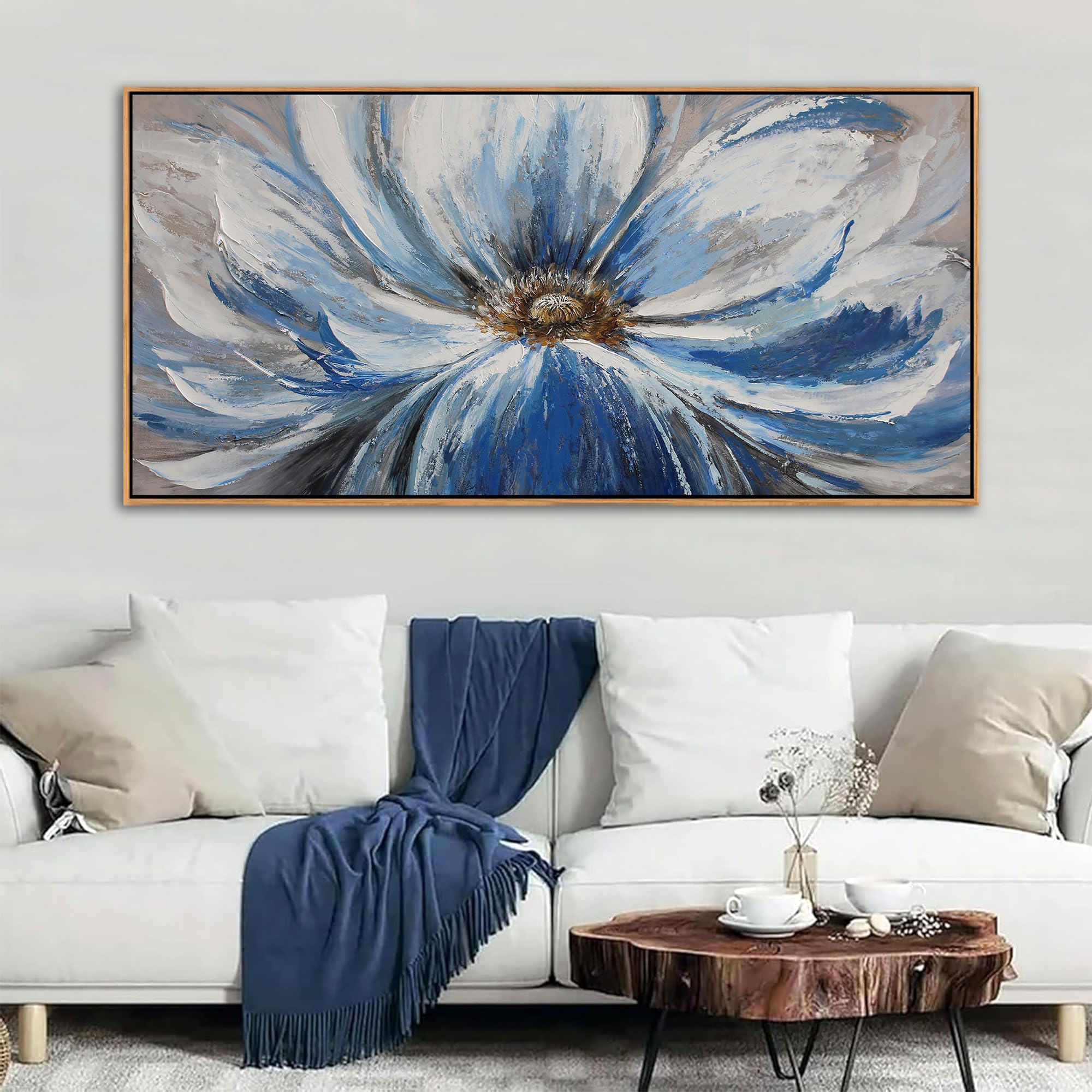 Blue Wall Art for Living Room Large White Flower Picture Wall Decor Canvas Art Wall Artwork Pictures for Bedroom Wall Decor Size 24x48(With Soild Wood Dark Framed)
