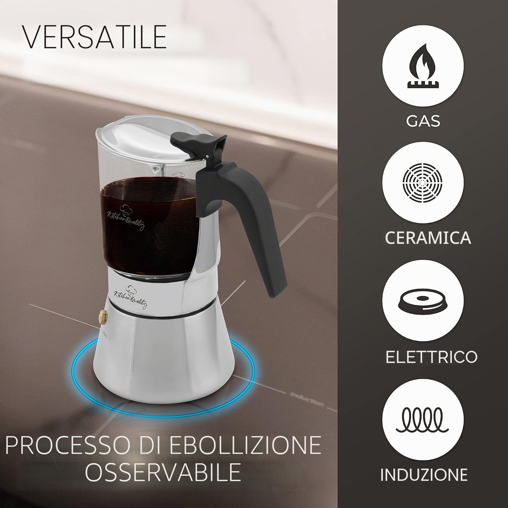 Caffettiera,Vetro + Acciaio Inossidabile,240 ml,per 4 tazze,18.5x14 cm, elettrico + induzione,con cucchiaio da porzionamento + 3 sottobicchieri in sughero