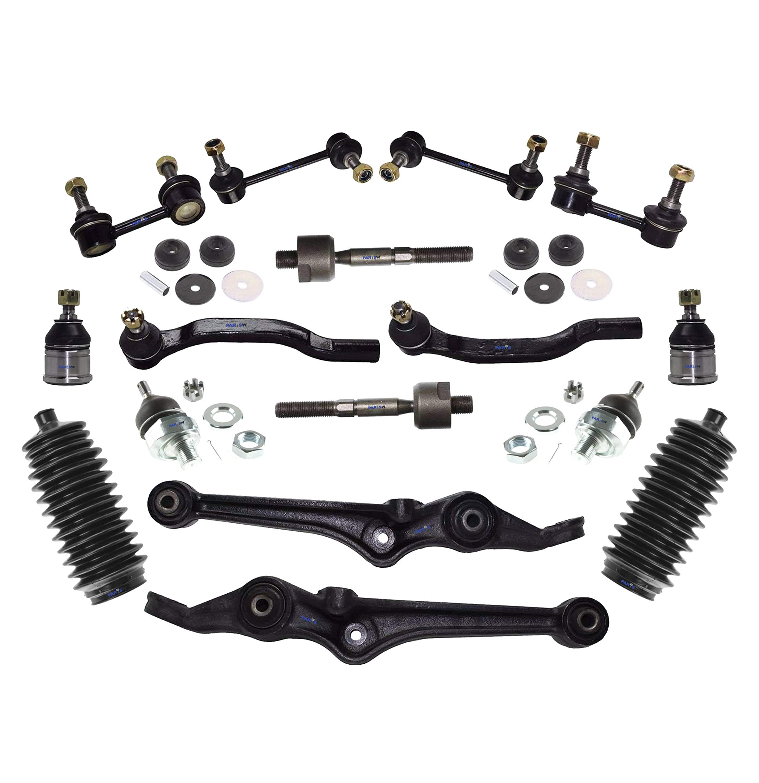 18 Pc Complete Suspension Kit Lower Control Arms Rack & Pinion Bellow Boots Upper Ball Joint Adjustable Tie Rod Linkages & Sway Bars Upper Shock Mount Bushing