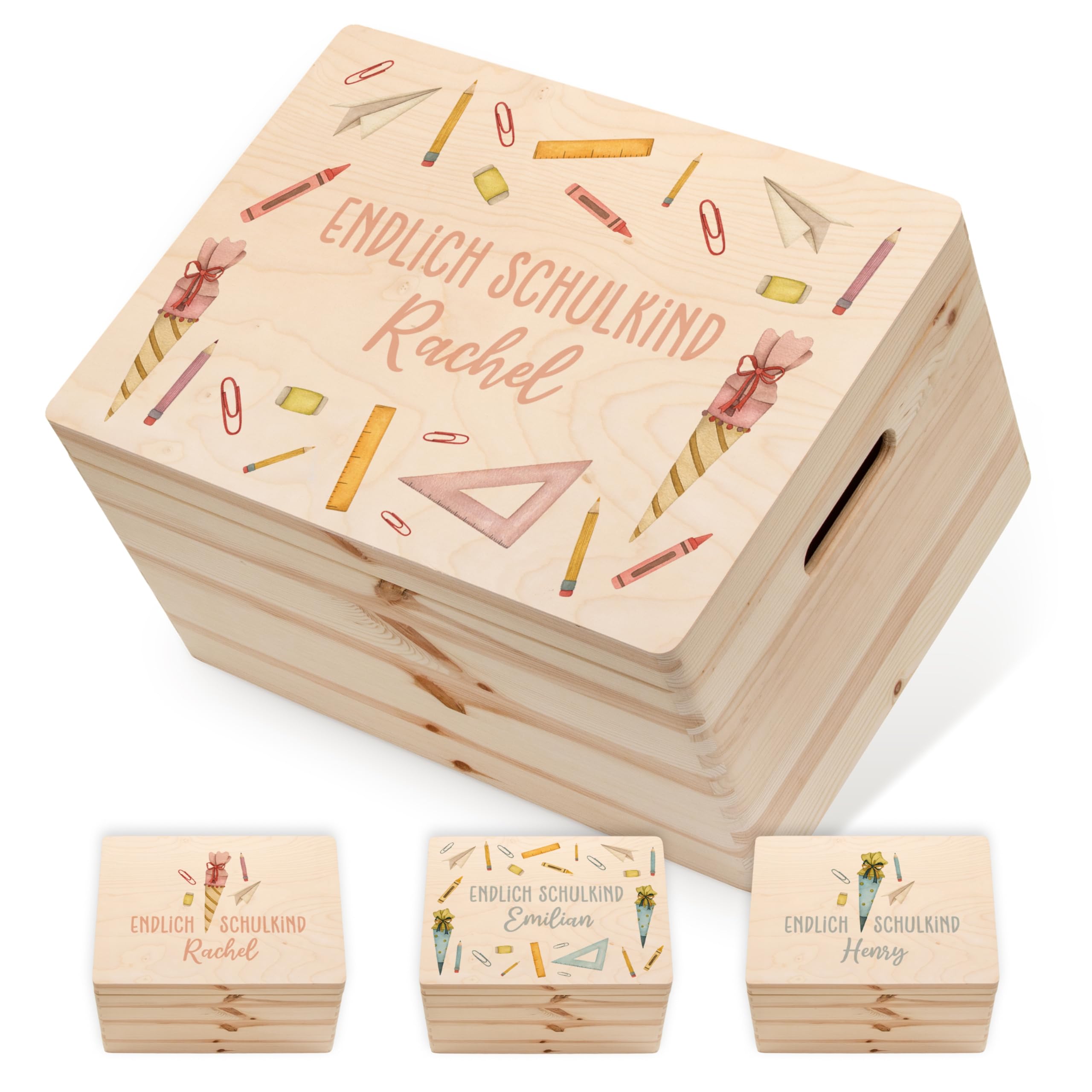 Lilletå ® Erinnerungsbox Schulanfang (001.08) - XL mit Griff - 40 x 30 x 23 cm - Erinnerungskiste Baby mit Hochwertigem Farbdruck - Baby Kind Erinnerungsbox Holz - Geschenk Geburt Mädchen Junge