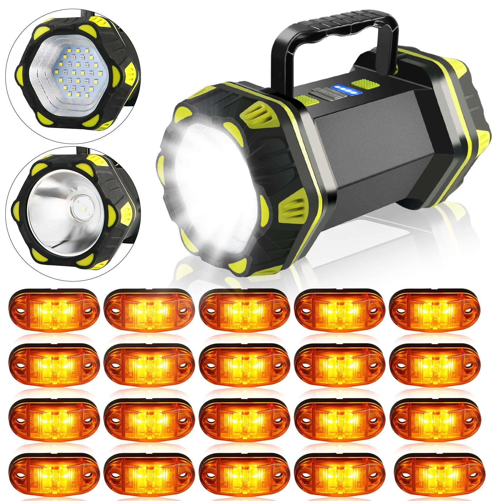 PSDRIQQ 20Pack Amber LED Trailer Lights Side Marker Clearance Indicators Lamp, Portable LED Camping Lantern Flashlight Spotlight Rechargeable Searchlight Lamp