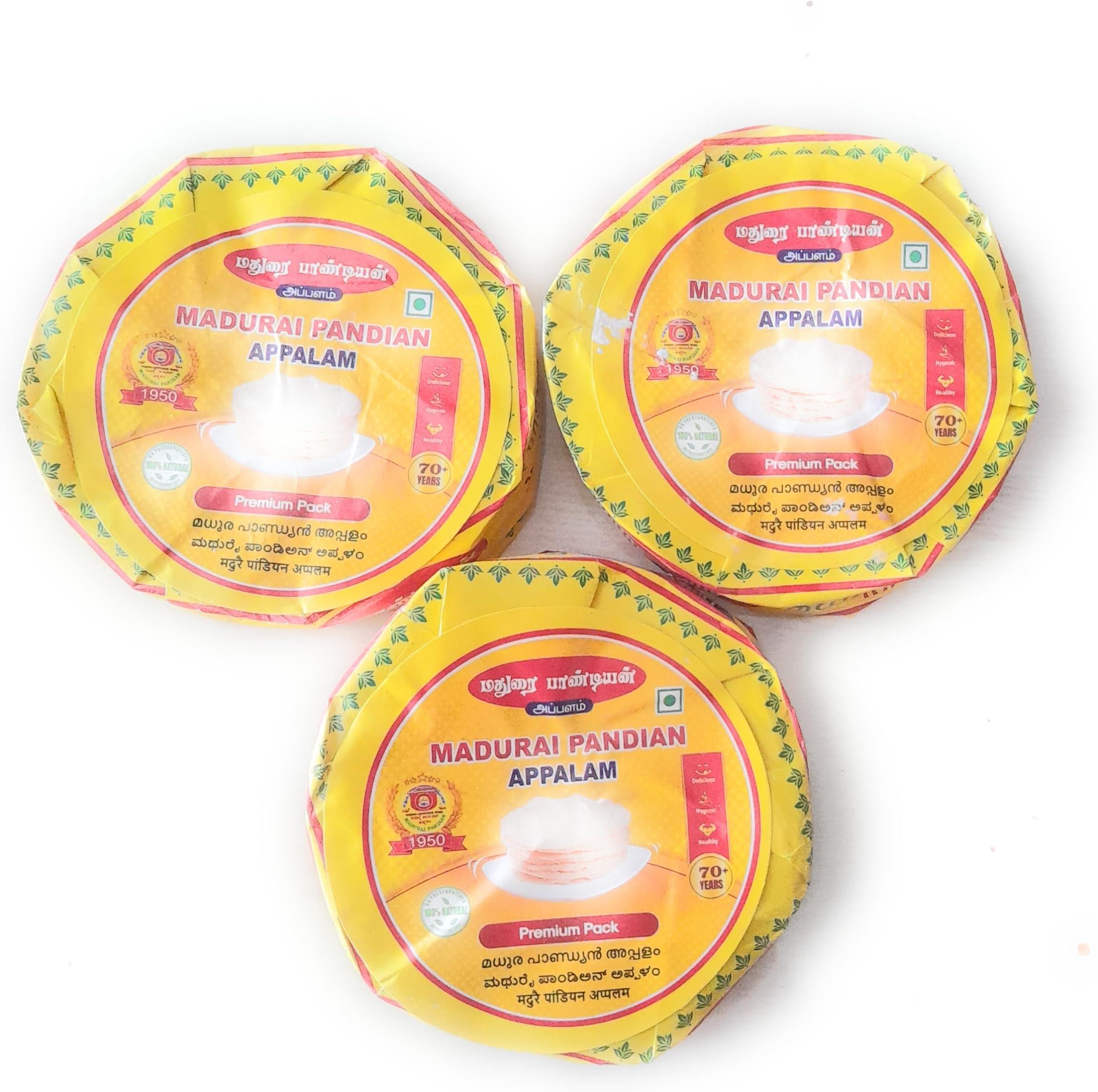 Soljardin Madurai Pandian Appalam Plain flavor South Indian Papad Snack for Meals 3x100 GMS Pack