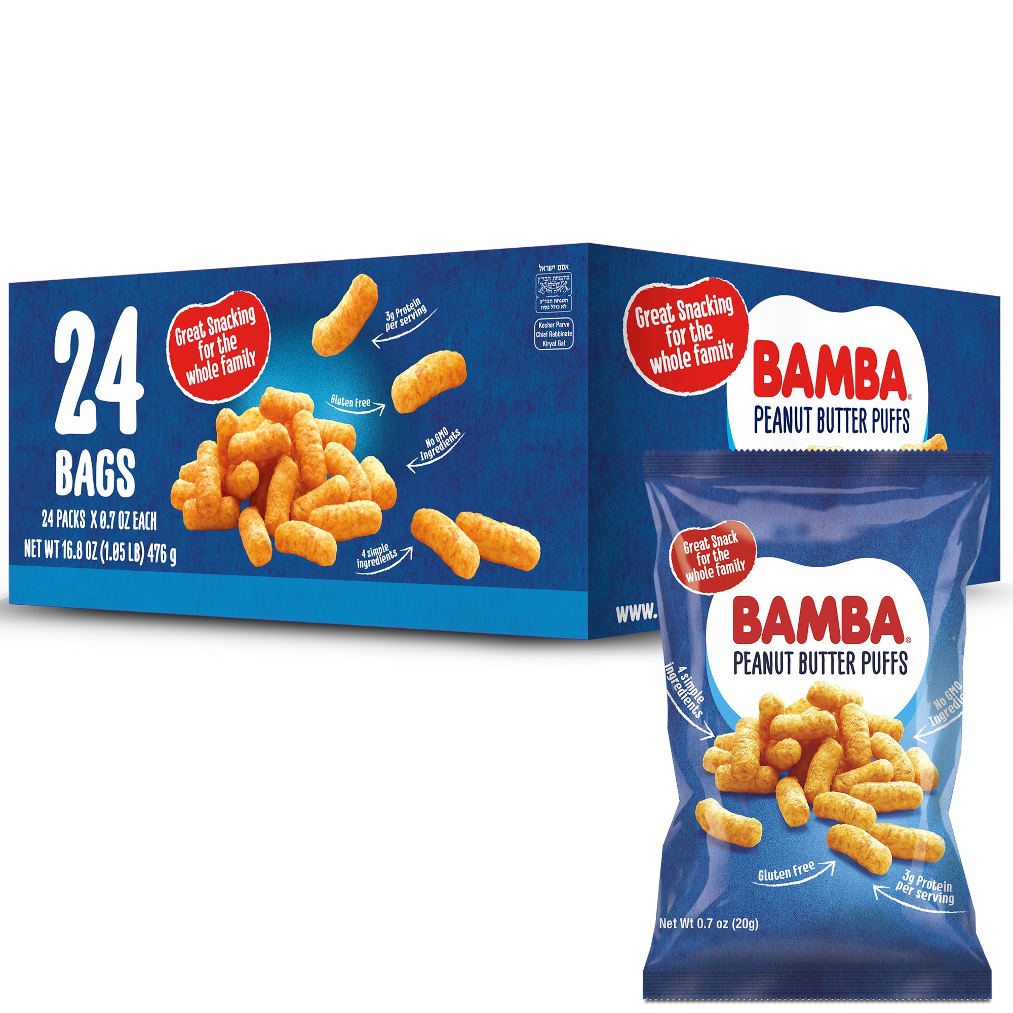 Gratify Bamba Peanut Butter Snacks for Families - All Natural Peanut Butter Corn Puffs Snacks ( 24 pack 0.7oz bags) - Made with 4 Simple Ingredients