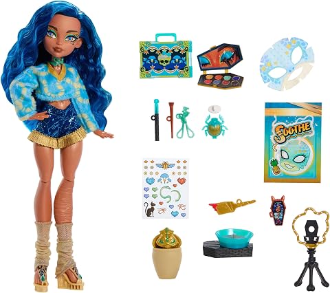 Çömlekçilik seti ve makyaj malzemeleri dahil 13 gerçekçi sürpriz içeren Monster High Güzellik Sırları Cleo De Nile bebek ve aksesuar seti, JMG74