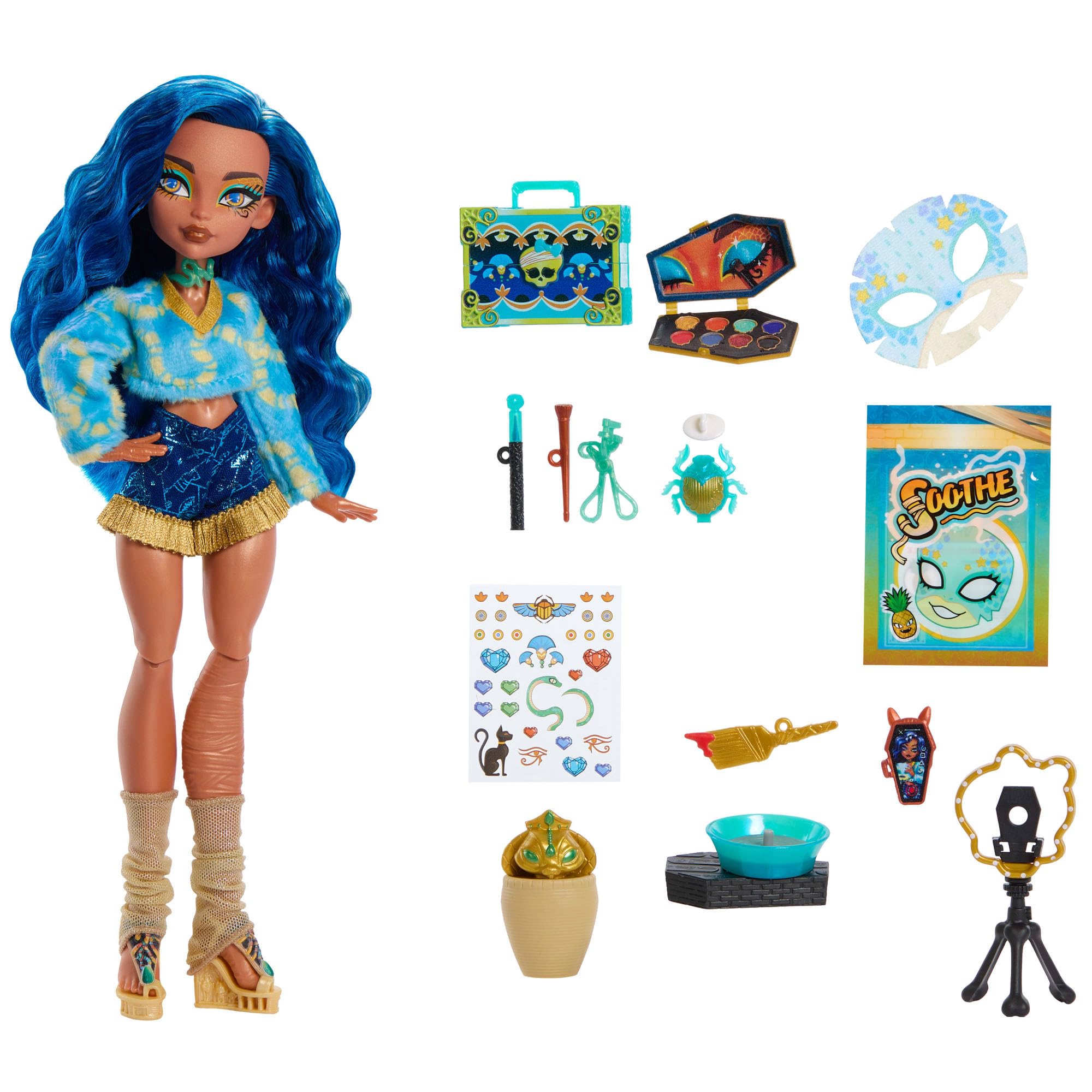 Monster High Self-Scare Secrets Cleo De Nile Doll and Accessories Set with 13 Realistic Surprises like Pottery Set and Makeup, JMG74