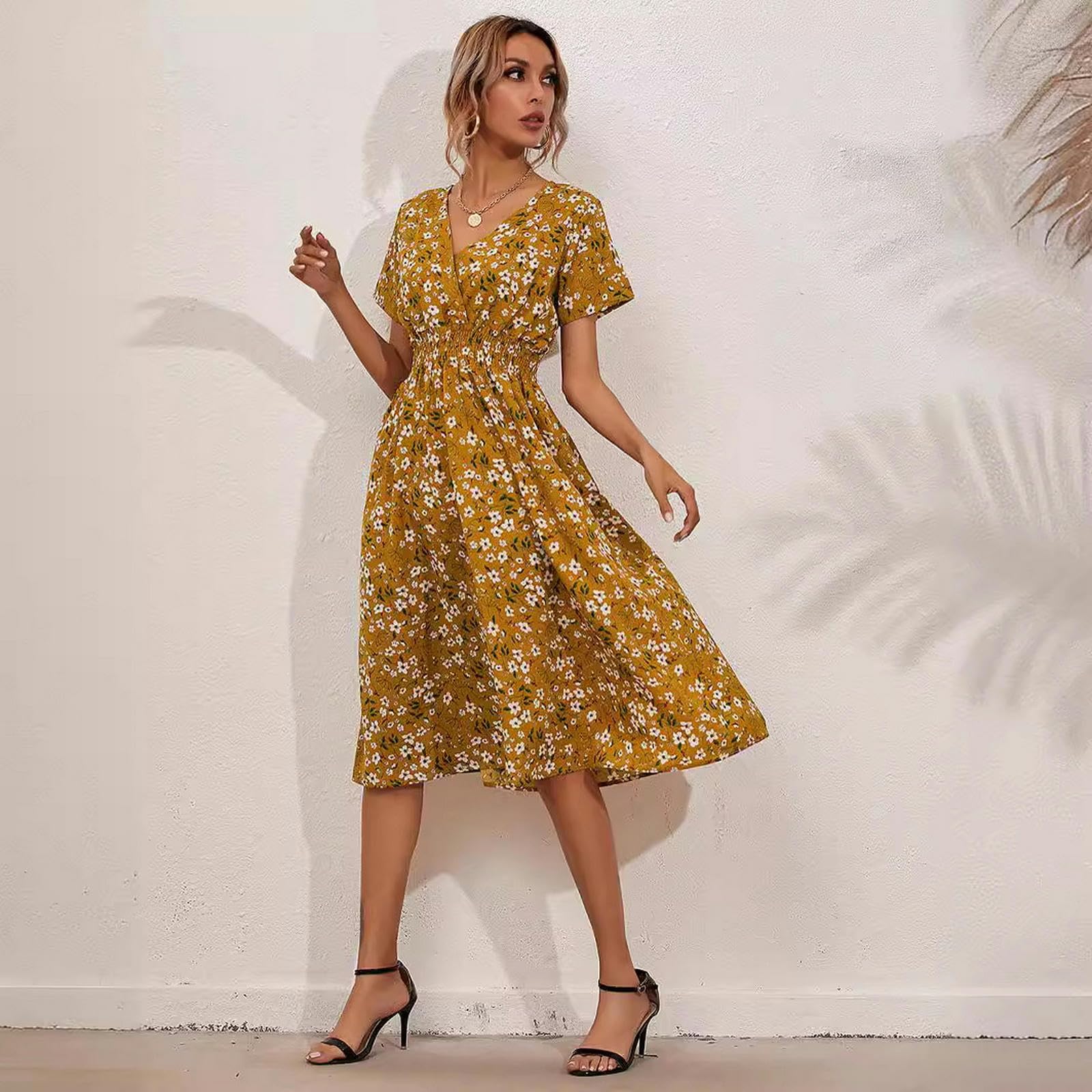 Ropa de Verano para Mujeres Ropa de Verano Flores de Manga Corta Vestidos de Tirantes de Cuello V Vestidos de Mujer Casual Hasta la Rodilla, HUTALIM, Blanco, s