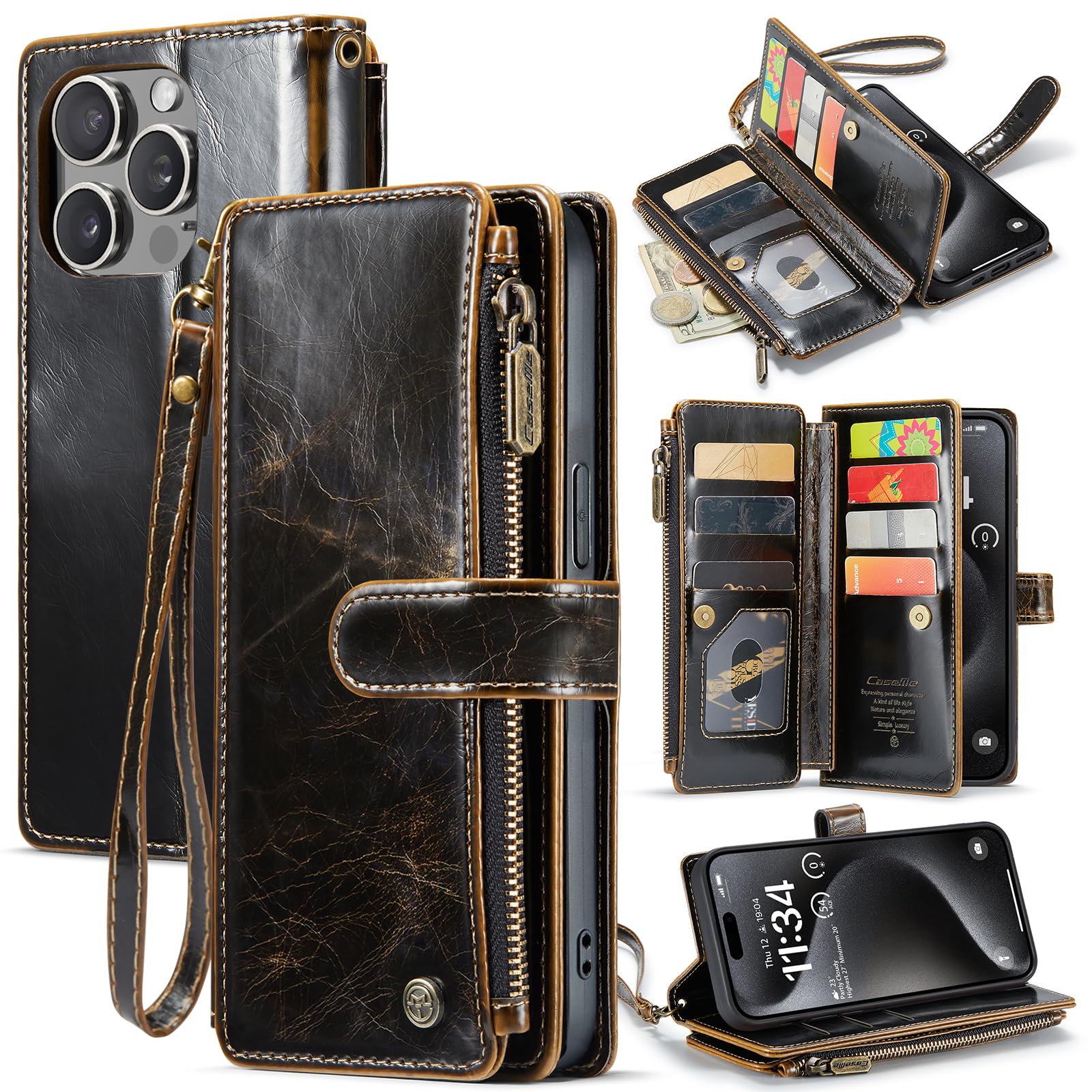 CaseMe for iPhone 15 Pro Max Wallet Case with RFID Blocking, Case for iPhone 15 Pro Max with Card Holder for Women Men, Kickstand Zipper Shockproof Case for iPhone 15 Pro Max, Coffee