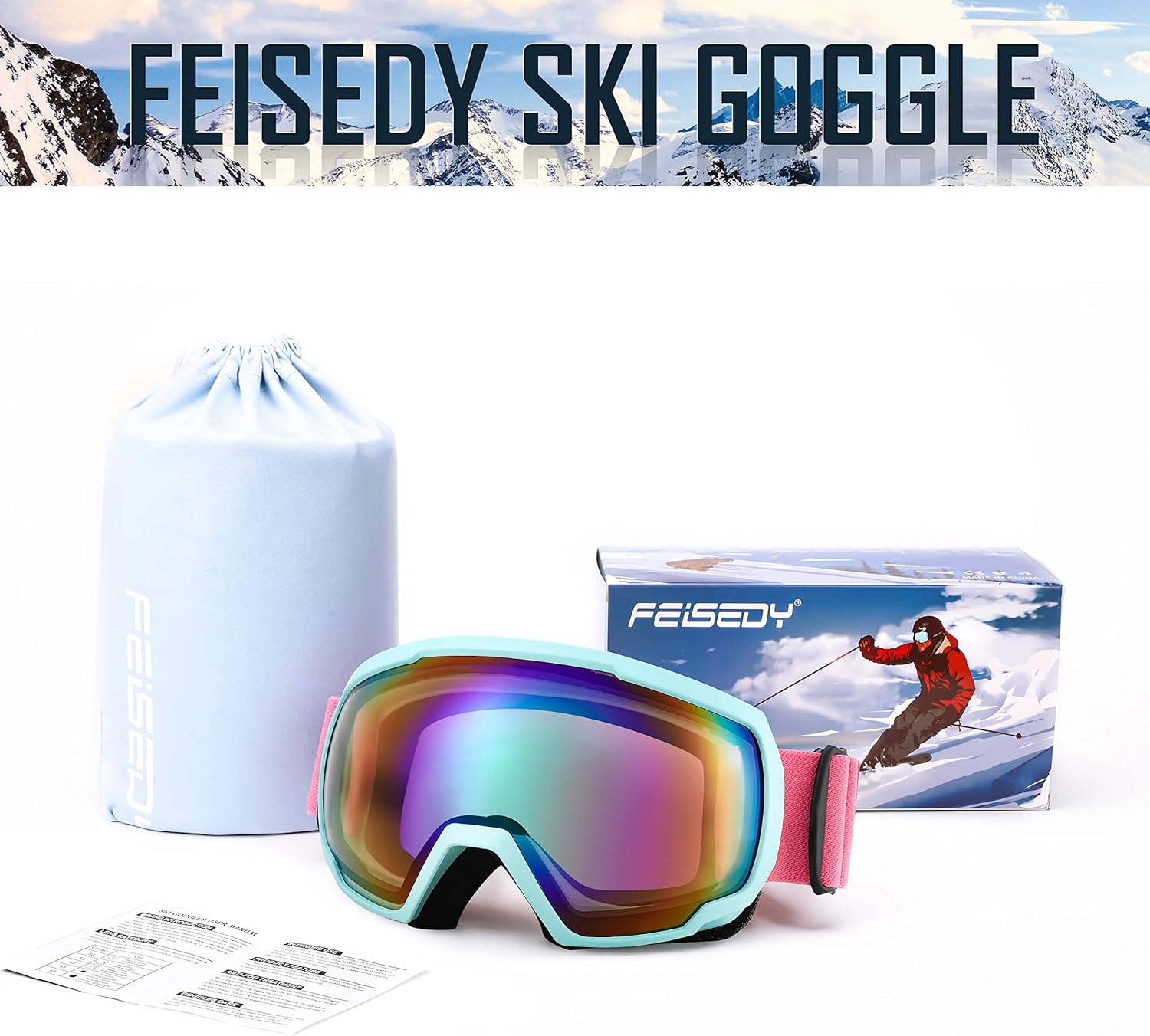 FEISEDY Goggles OTG - Over Glasses Motorcycle/Ski/Snowmobile Goggles for Men Women & Youth - 100% UV Protection B2960