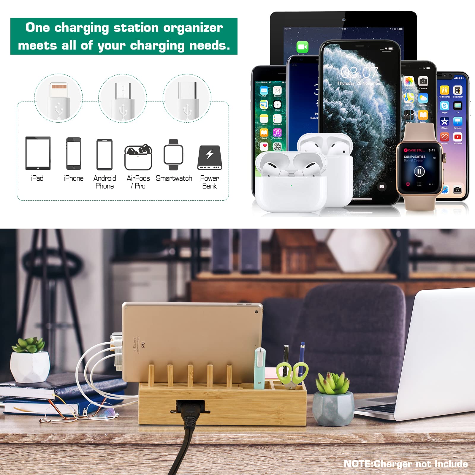 Natural Bamboo Charging Station Organizer For Multiple Devices Desk Charging Station Organizer Wooden Docking Station Multi Device Charging Stand With Cable Cord Drawer For Phone Tablet Airpods Watch - View #10