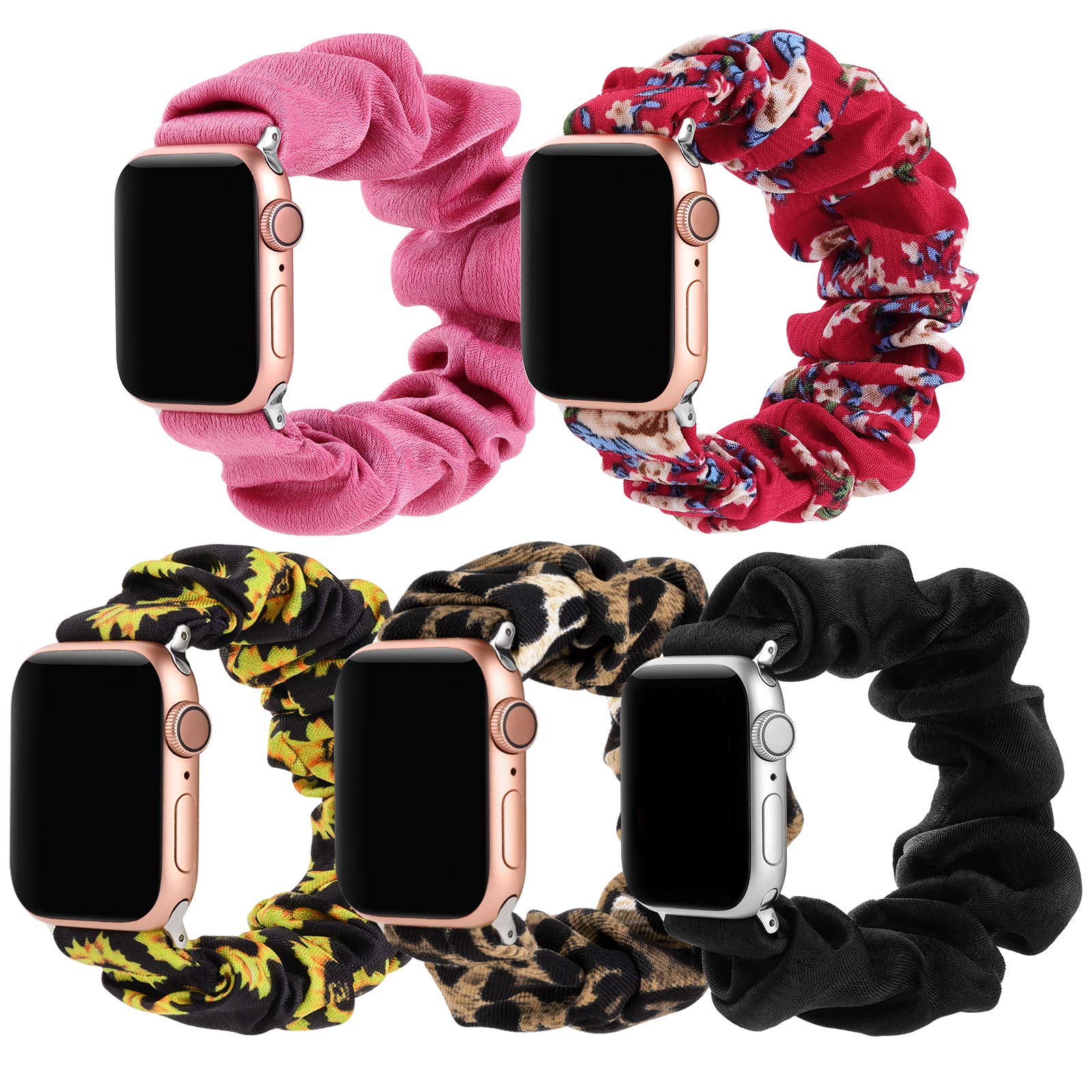Simpeak 5Pack Elastic Fabric Scrunchie Band Compatible with Apple Watch 45mm 44mm 42mm, Women Girl Strap Replacement for iWatch Series 9 8 7 6 SE 5 4 3, Large, Black/Pink/Leopard/Sunflower/Flower