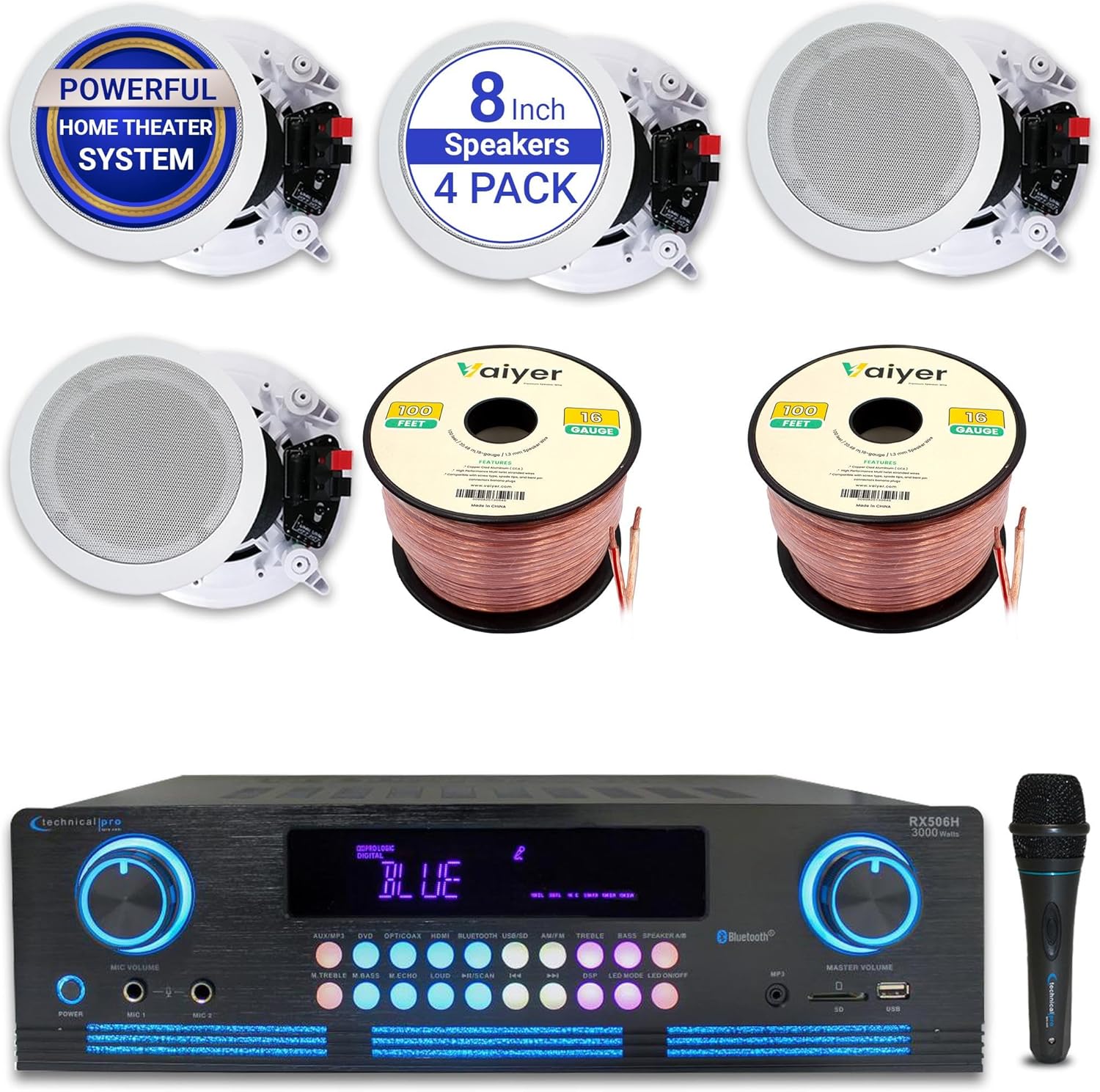 Home Theater Sound System Kit - 2000 W Bluetooth Amplifier w/ 4 Qty of 8" Framed Ceiling Speakers 300 W Each, Mic, 200 ft Speaker Wire & Remote for Living Room, Office, Commercial, Bars by Vaiyer