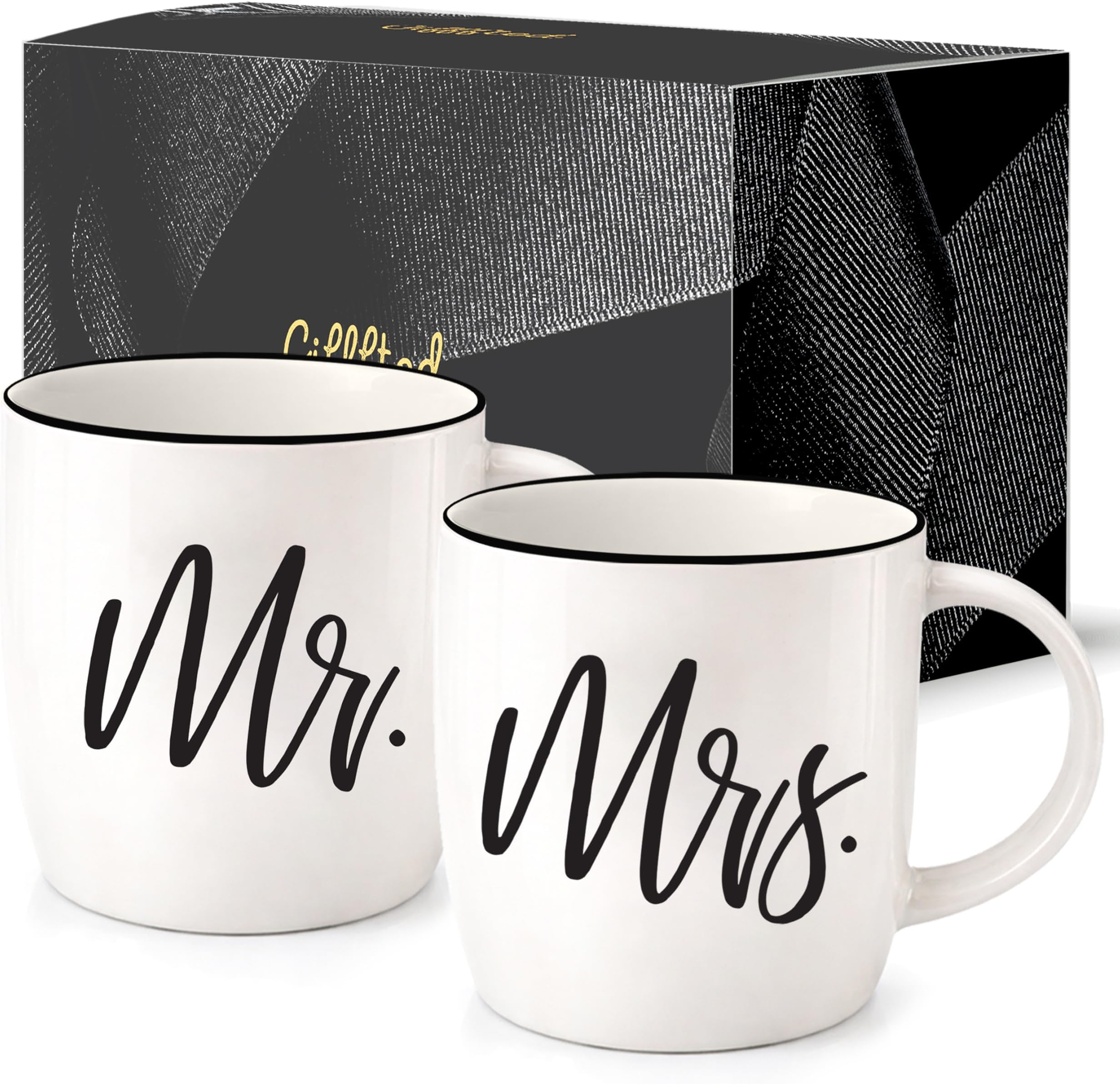 Triple Gifffted Mr and Mrs Mugs Couples Gifts for Christmas, Wedding Anniversary, Engagement, Him Her, His Hers Newlywed, Bridal Shower Bride Groom, Couple Valentines Day Gift, Ceramic Cup, 380ML