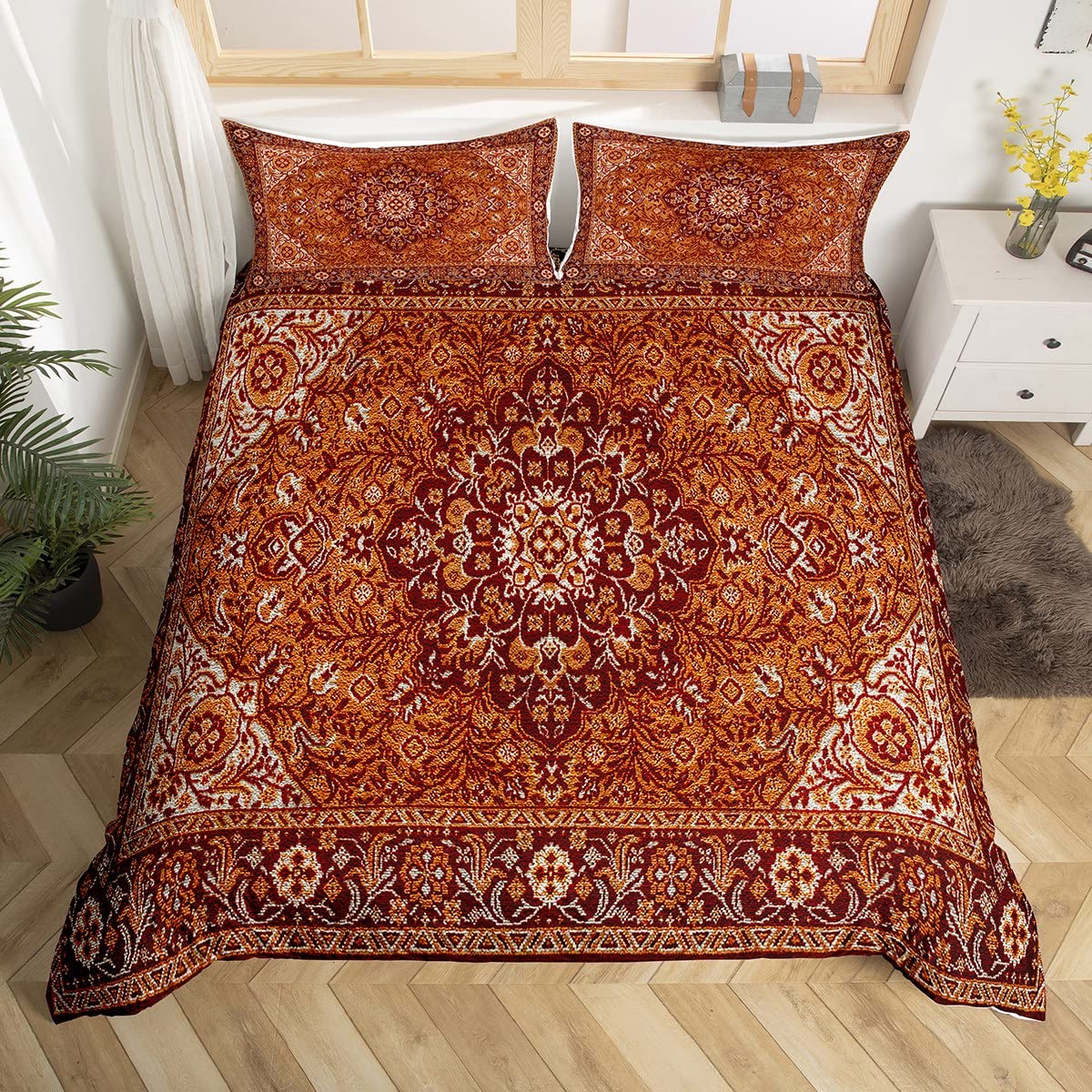 Homewish Peony Oriental Medallion Duvet Cover Single Floral Bedding Set Vintage Paisley Comforter Cover Hippie Flower Bed Set Retro Rustic Farmhouse Bedding With 1 Pillow Sham Ipper Closure