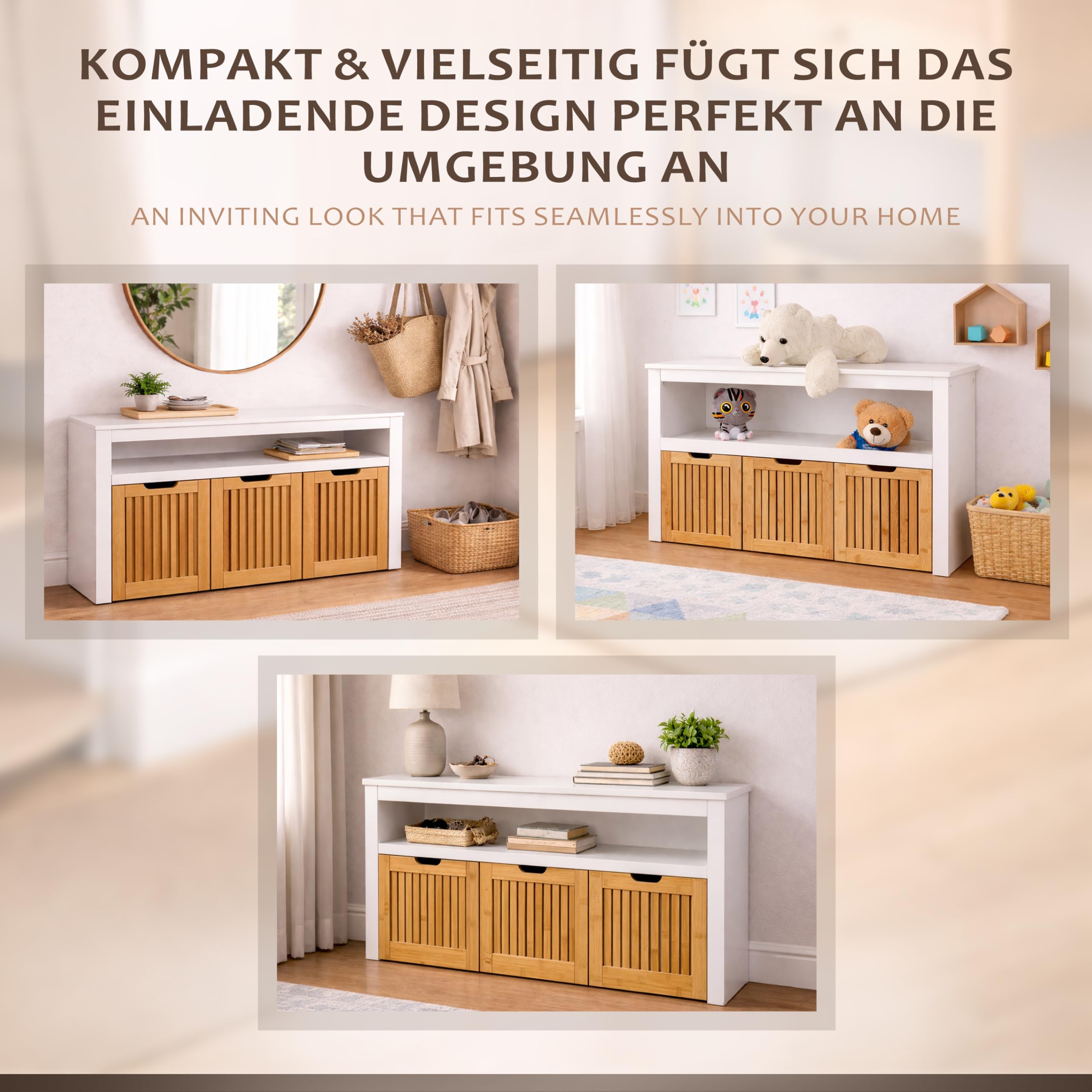 ONVAYA Sideboard mit Rollboxen - Praktisches Kinder Bücherregal und Kuscheltier Aufbewahrung - Modernes Spielzeugregal inkl. 3 Aufbewahrungsboxen - Durchdachtes Kinderregal als Spielzeug Organizer