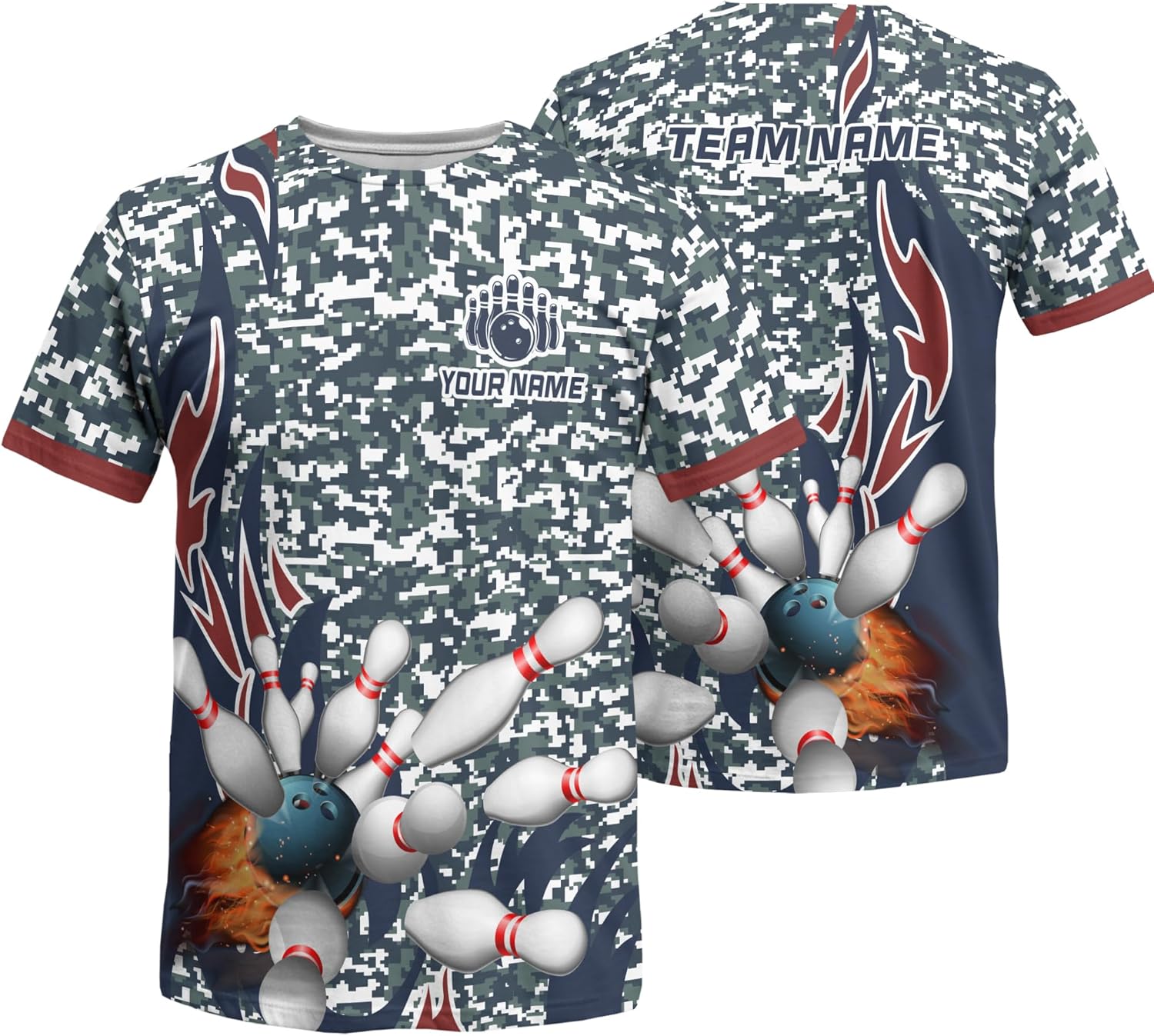Customize Bowling Short Sleeve Tshirt Printed Tee Shirt with Blue Bowling Ball Graphic On it for Camo Lover Bowler