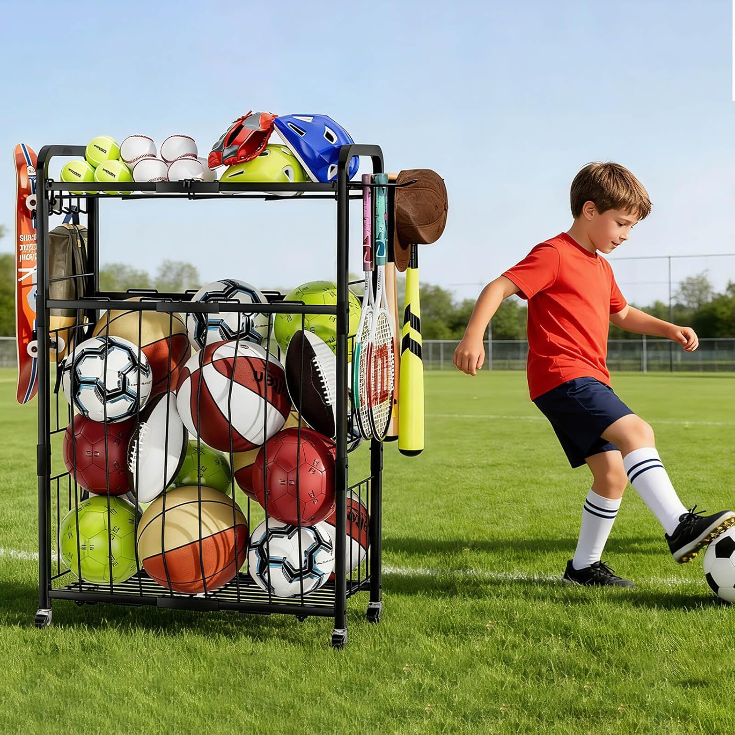 Garage Ball Storage Rack - Sports Equipment Organizer with Wheels, Rolling Sports Ball Cart with Elastic Rope, Outdoor Ball Holder for Basketball Soccer Volleyball Football, Garage Toy Storage