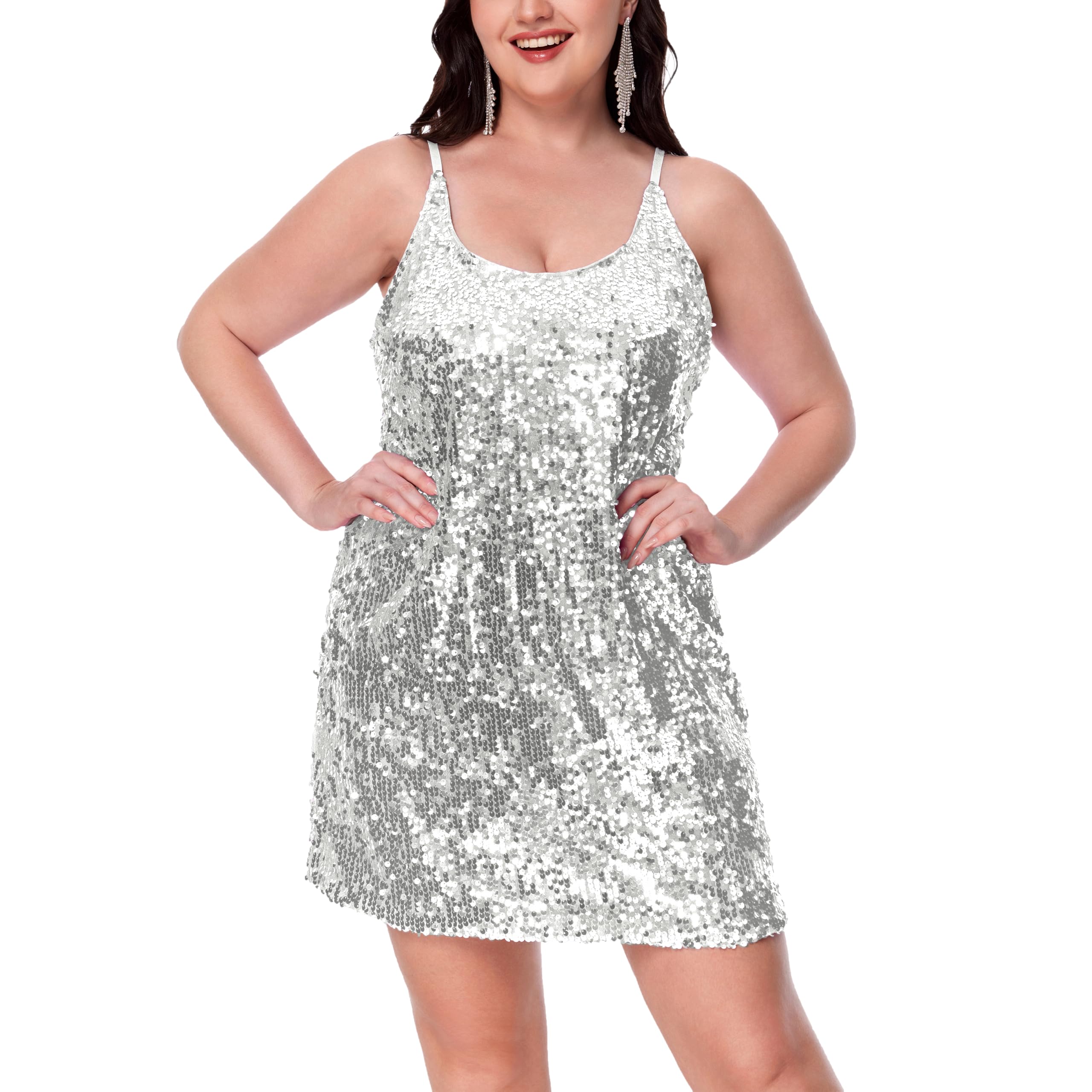 YYPBI Women's Sequin Dress Sparkly Adjustable Strap Mini Dress Party Club Cocktail Glitter Dresses Silver, M