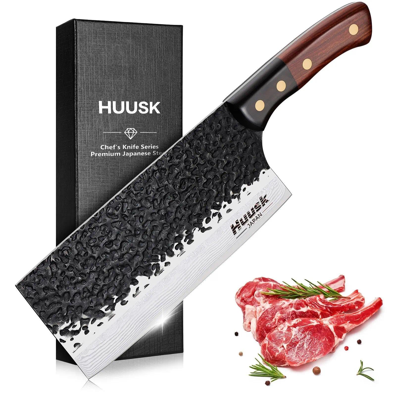 Huusk 7.5" Meat Cleaver Knife - Hand-forged Butcher Knife High Carbon Steel Kitchen Knives with Damascus Texture, Full Tang Japanese Knives with Wood Handle,Christmas Gift for Men and Women