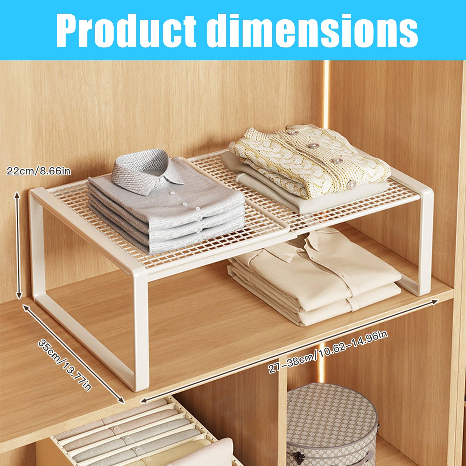 Armadio impilabile, organizer estraibile in metallo, senza fori, per cucina, bagno e scarpiera, salvaspazio e regolabile, bianco (bianco, lunghezza: 27-38 cm, larghezza: 35 cm, altezza: 22 cm)