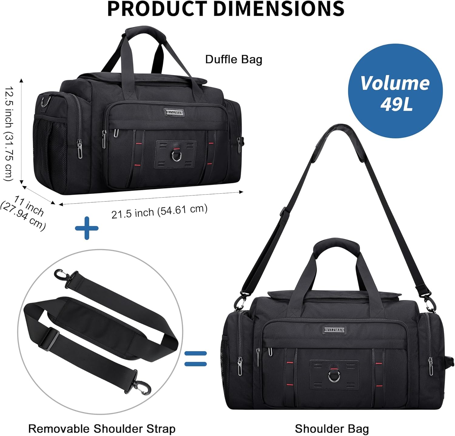WITZMAN Duffle Bag for Men Large Overnight Carry On Weekender Bag with Shoe Compartment Sports Gym Duffle Bags for Traveling(B719 Black) - Image 5