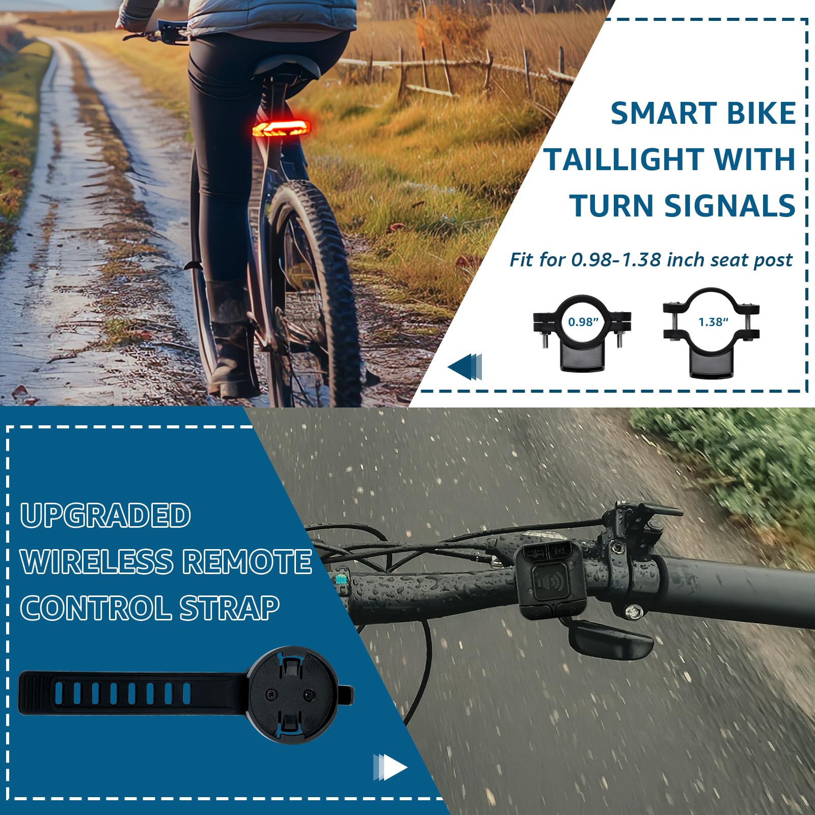 USUPERINK Luz trasera para bicicleta con intermitentes y luz de freno, control remoto inalámbrico, luz trasera de bicicleta recargable por USB, luz de advertencia de seguridad con función antirrobo