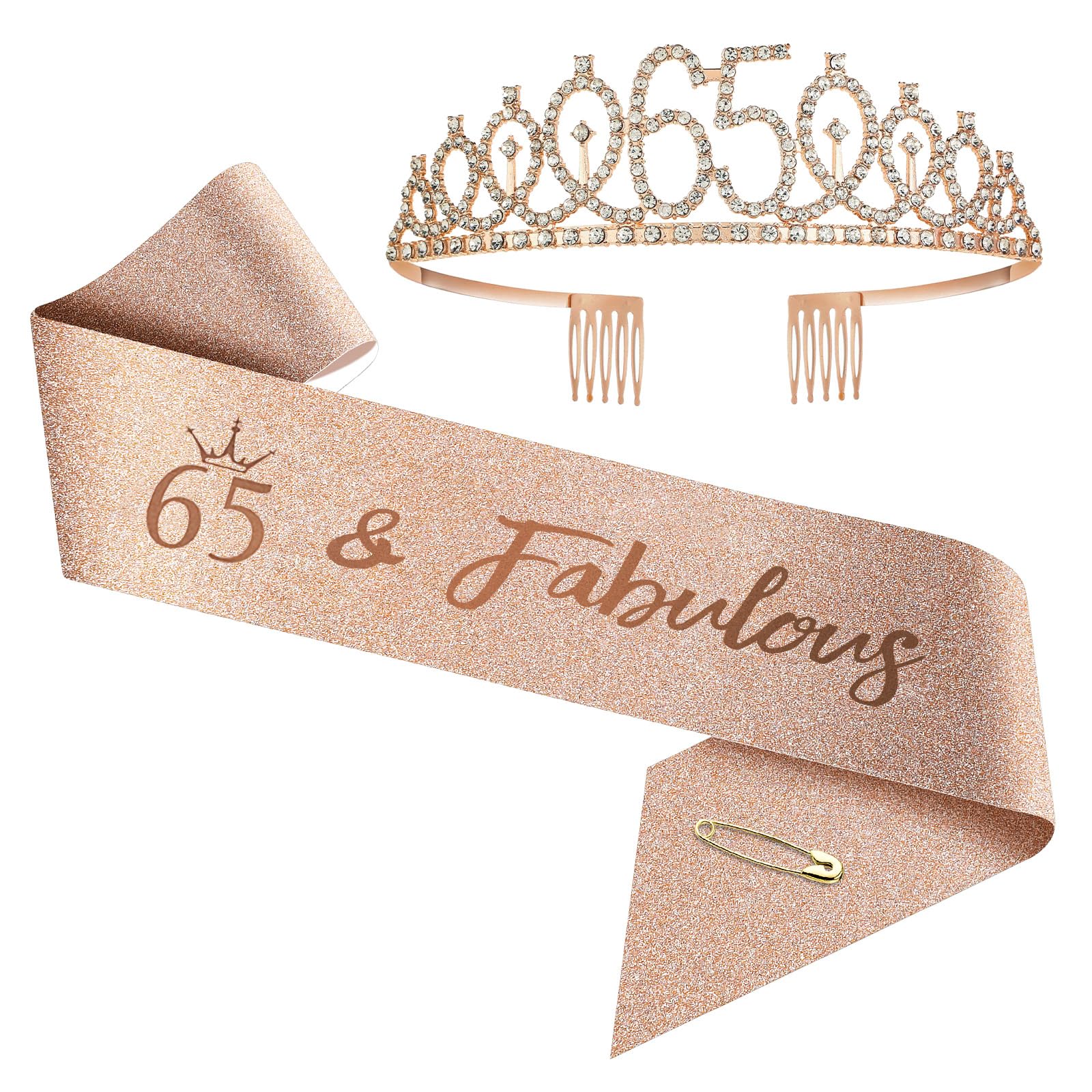 Upgrade Birthday Crown and Sash for Women Birthdays from 1 year old to 100 years old- Rose Gold Rhinestone Tiara Set and Sash for Decorations (65 years old)