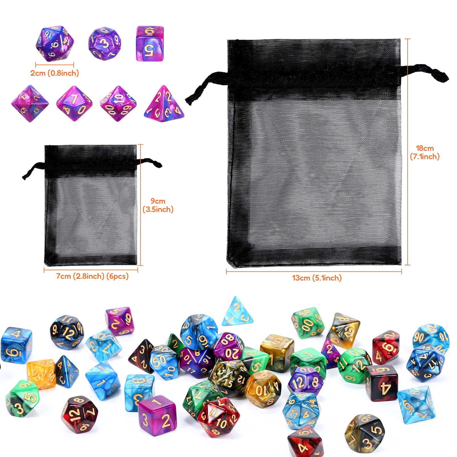 Moncolis polyedrische dobbelstenen, 6 x 7 stuks (42 stuks), met zakjes, tweekleurig, polyedrische speeldobbelstenen voor Dungeons en Dragons DND, RPG, MTG, W20, W12, W10, W8, W6, W4, tafelkaartspellen