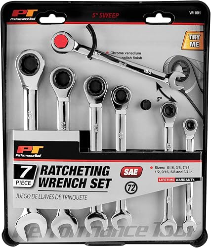 Miniatura 5 de Performance Tool W709 SAE - Juego de llaves de trinquete reversibles con extremos de caja de 12 puntos, 5 piezas, tamaños de 14 a 1116 pulgadas y