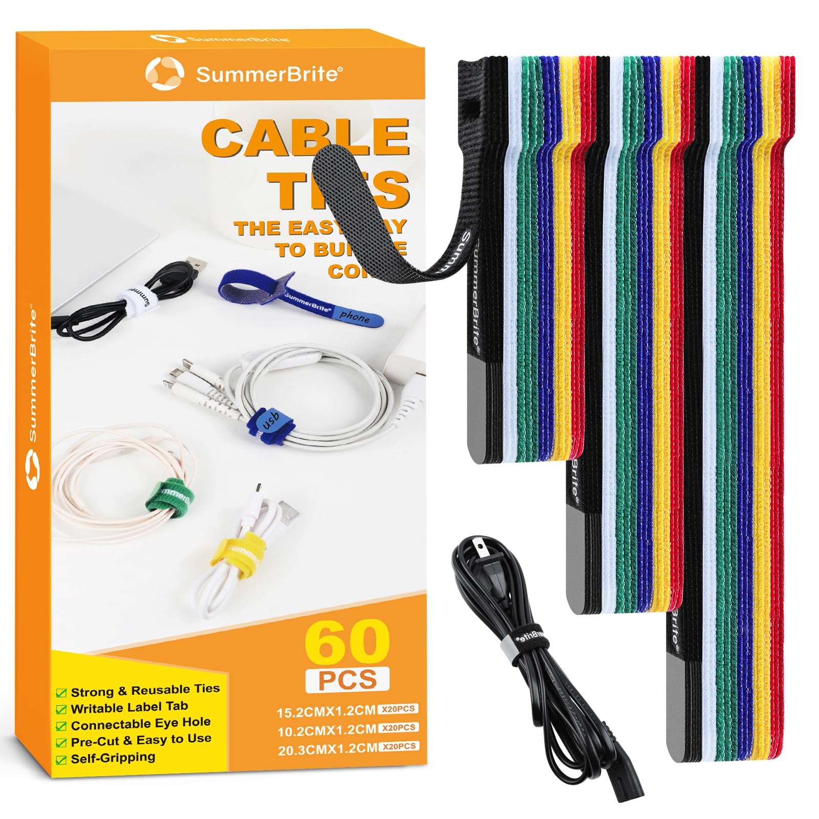 Summerbrite 60PCS Reusable Cable Ties Multicolor Cable Straps Releasable Extension Hook and Loop Cable Tidy Straps Cord Management for Home&Office Accessories PC Wire(3 Mixed Sizes)