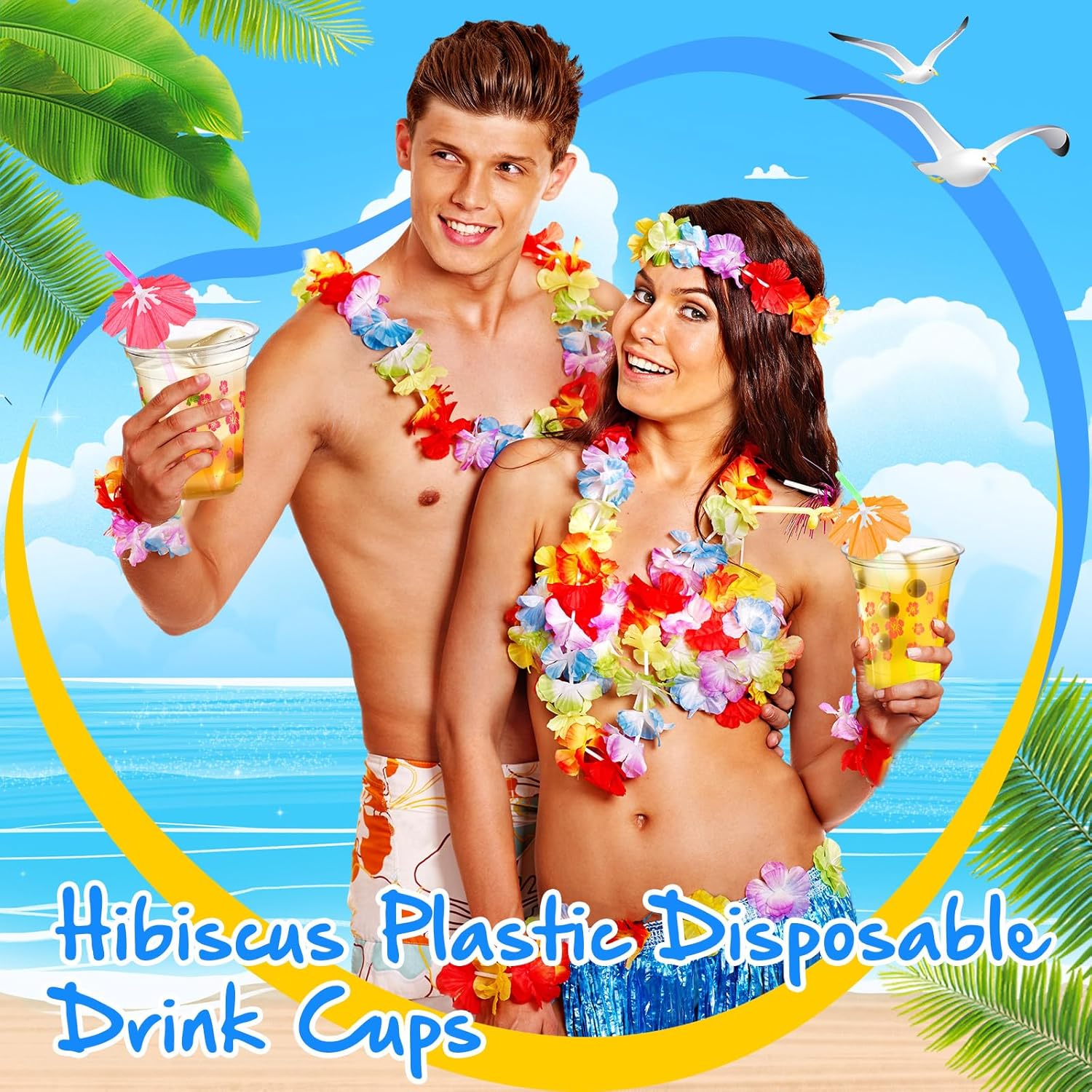 Qinyoung 240 Pcs Hibiscus Plastic Cups and 240 Pcs Umbrellas Flower Straws 12oz Clear Disposable Cups for Tropical Summer Hawaiian Birthday Beach Pool Party Supplies