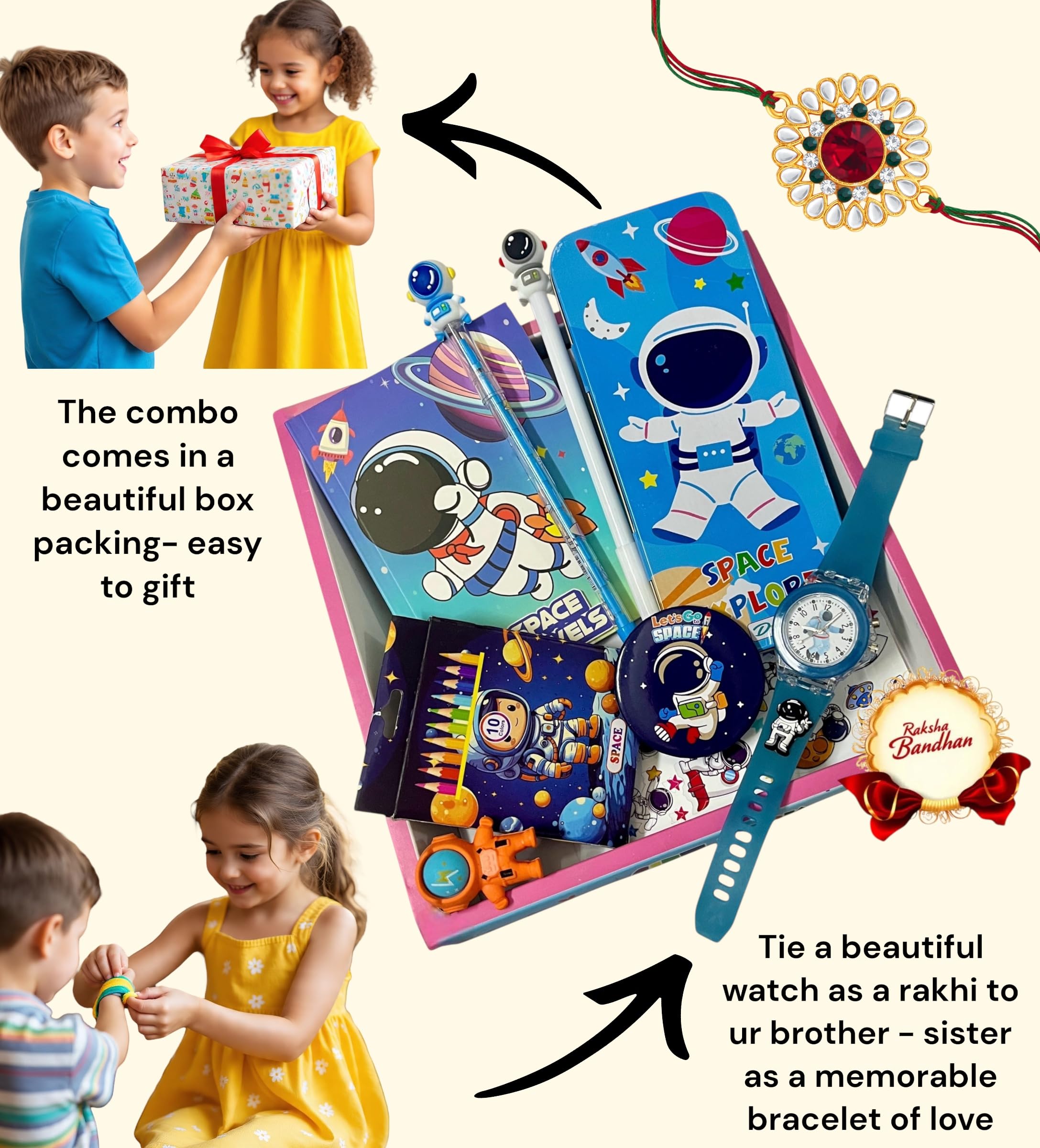 TOOYEP 9 in 1 Space Astronaut rakhi Gift Combo Set For boys Kids cute stylish Gift box Stationery Set Age 6-8 Years 10-12 Year I Diary, Stickers, pen, pencil case, badge, Eraser, watch & colors 1