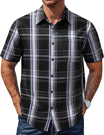 COOFANDY Mens Plaid Button Down Shirts Short Sleeve Casual Summer Shirt Wrinkle Free Dress Shirts with Pocket