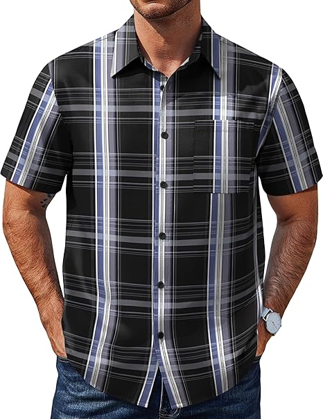 COOFANDY Mens Plaid Button Down Shirts Short Sleeve Casual Summer Shirt Wrinkle Free Dress Shirts with Pocket
