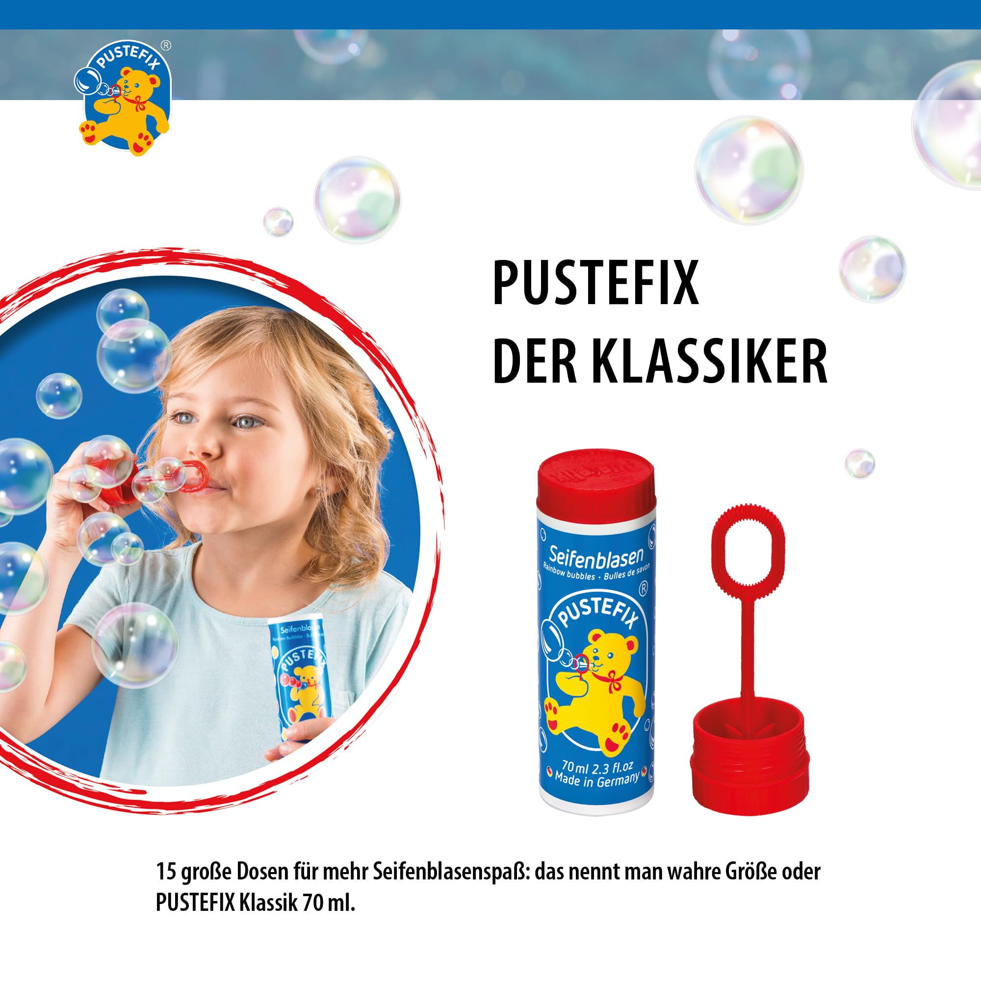 PUSTEFIX Seifenblasen Set I 15x Klassik 70ml I Bunte Bubbles Made in Germany I Seifenblasen für Hochzeit, Kindergeburtstag, Standesamt, Polterabend I 15 x 70 ml Vorteilspack für Kinder & Erwachsene
