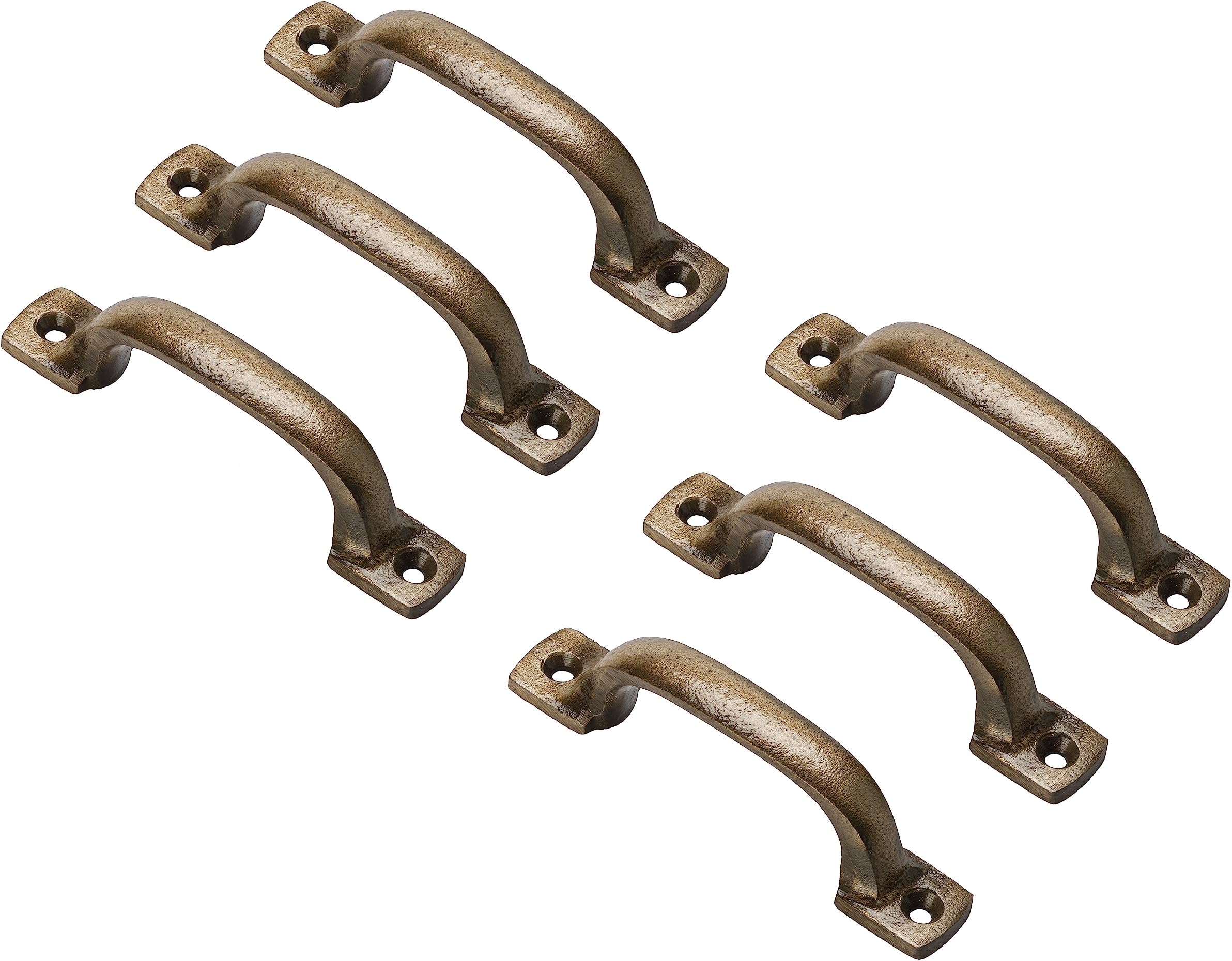 CRAFTSMAN ROAD Antique Brass Cast Iron Pull Handles (Foundry, Set of 6) - Cabinet Door Handles, Gate Handle Pull, Barn Door Hardware, Grab Handles