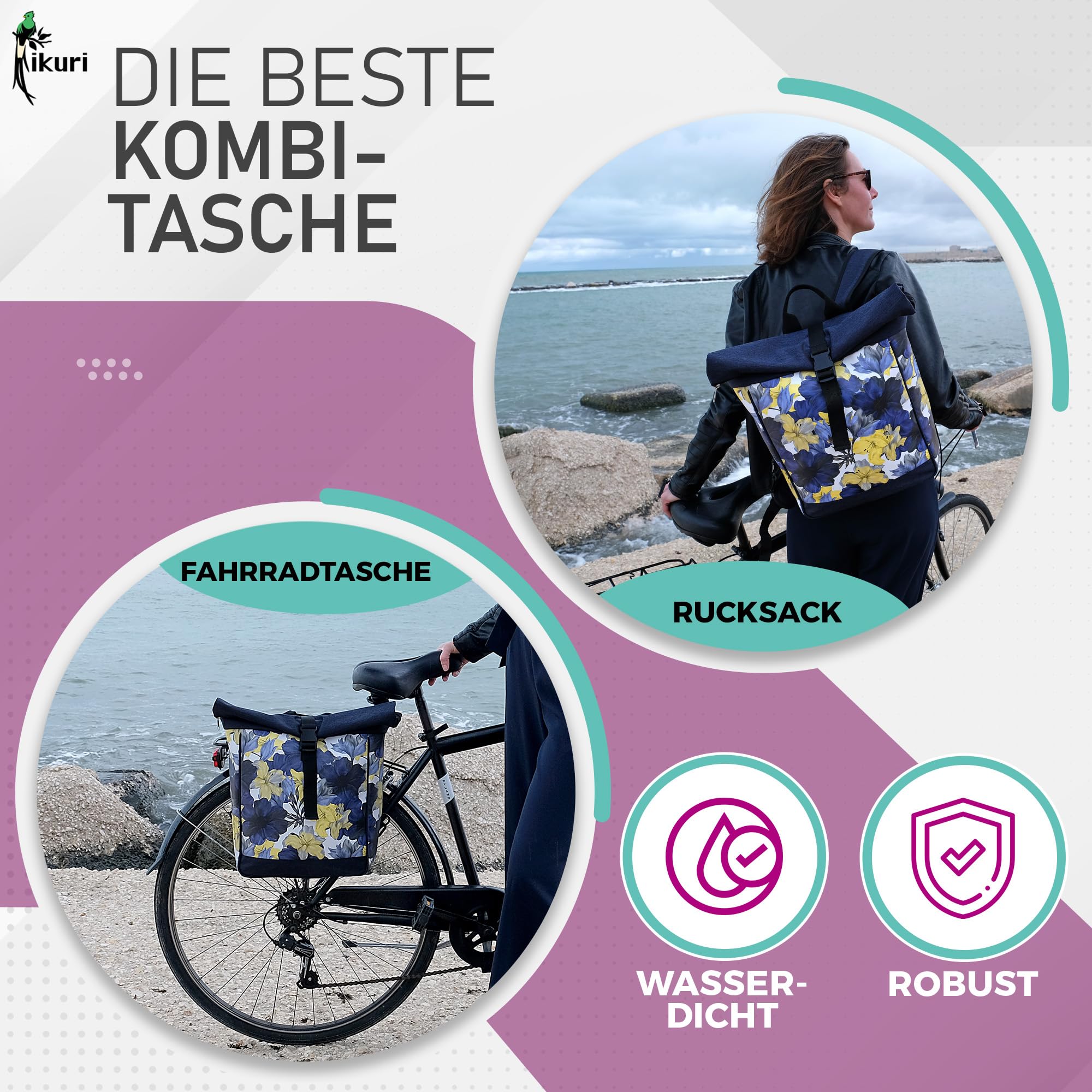 Ikuri Fahrradtasche/Rucksack Kombi Fahrradrucksack aus Plane für Gepäckträger Packtasche Wasserdicht für Frauen