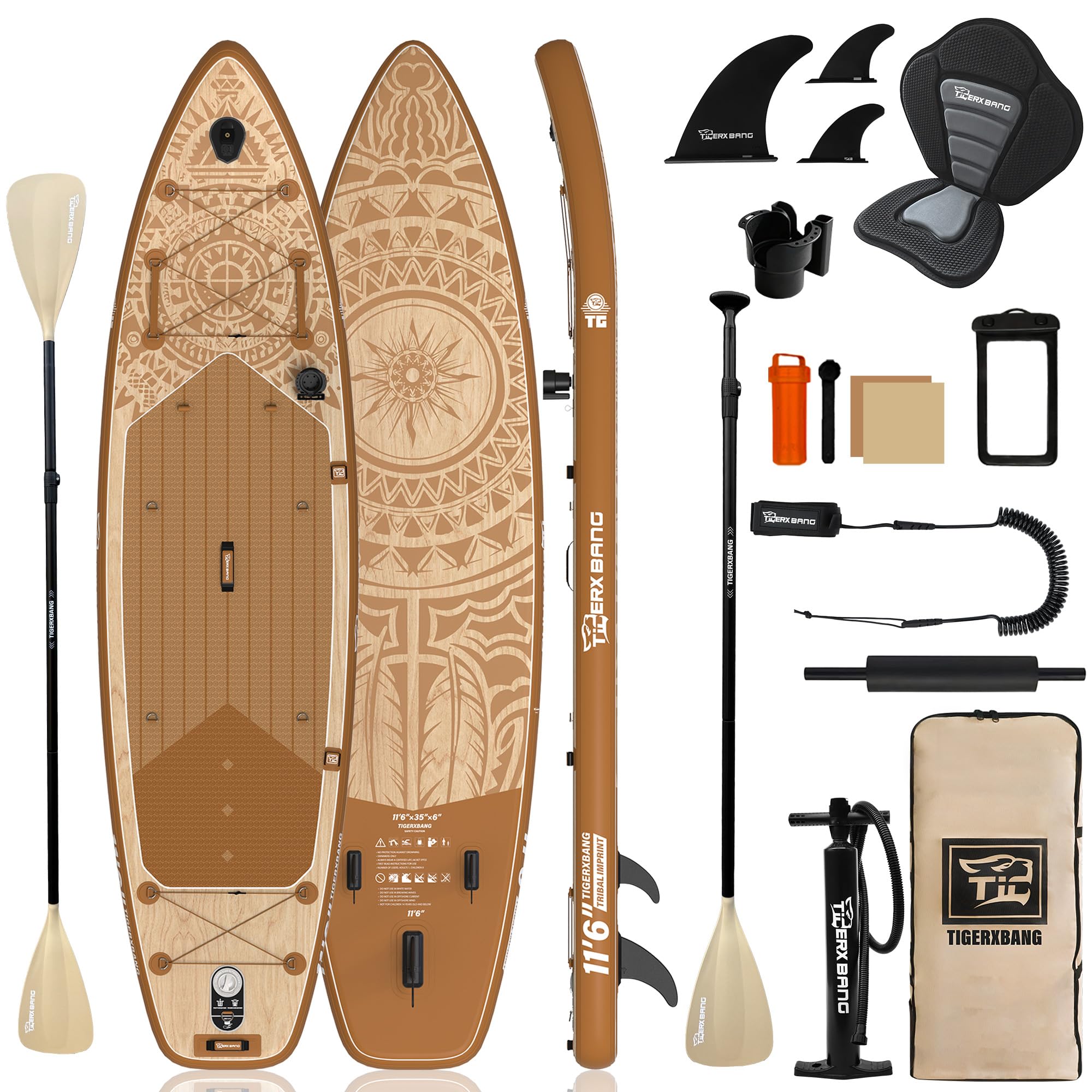 TIGERXBANG Tavola SUP Gonfiabile 353 x 89 x 15 cm, Extra Larga e Stabile, Serie Tribal Imprint, per Adulti, Famiglie e Principianti, con Accessori Inclusi